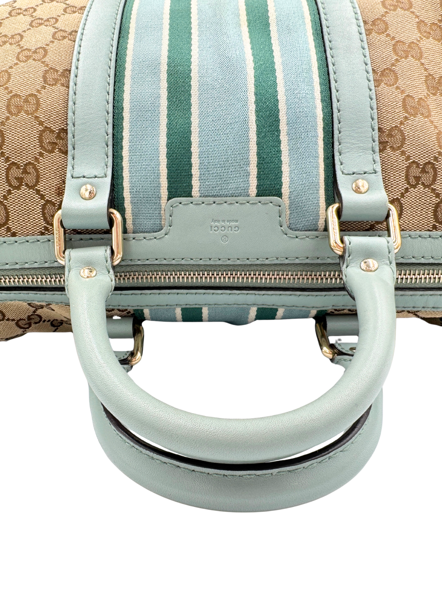 Striped GG Boston Bag with Top Handle in Brown and Tan Monogram GG Supreme Canvas with Blue and Green Accents