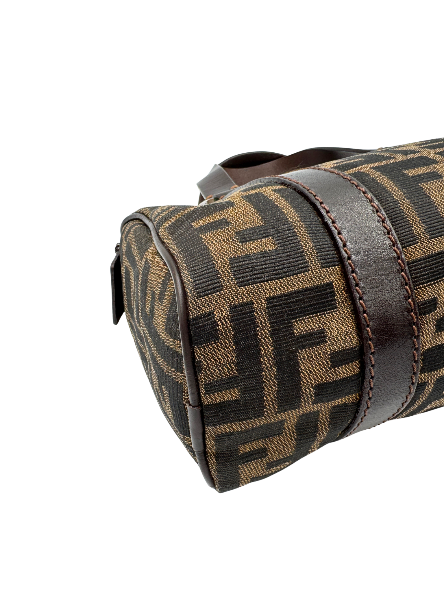 Vintage FF Zucca Boston Bag with Top Handle in Brown and Tan Monogram Canvas with Brown Leather Trim