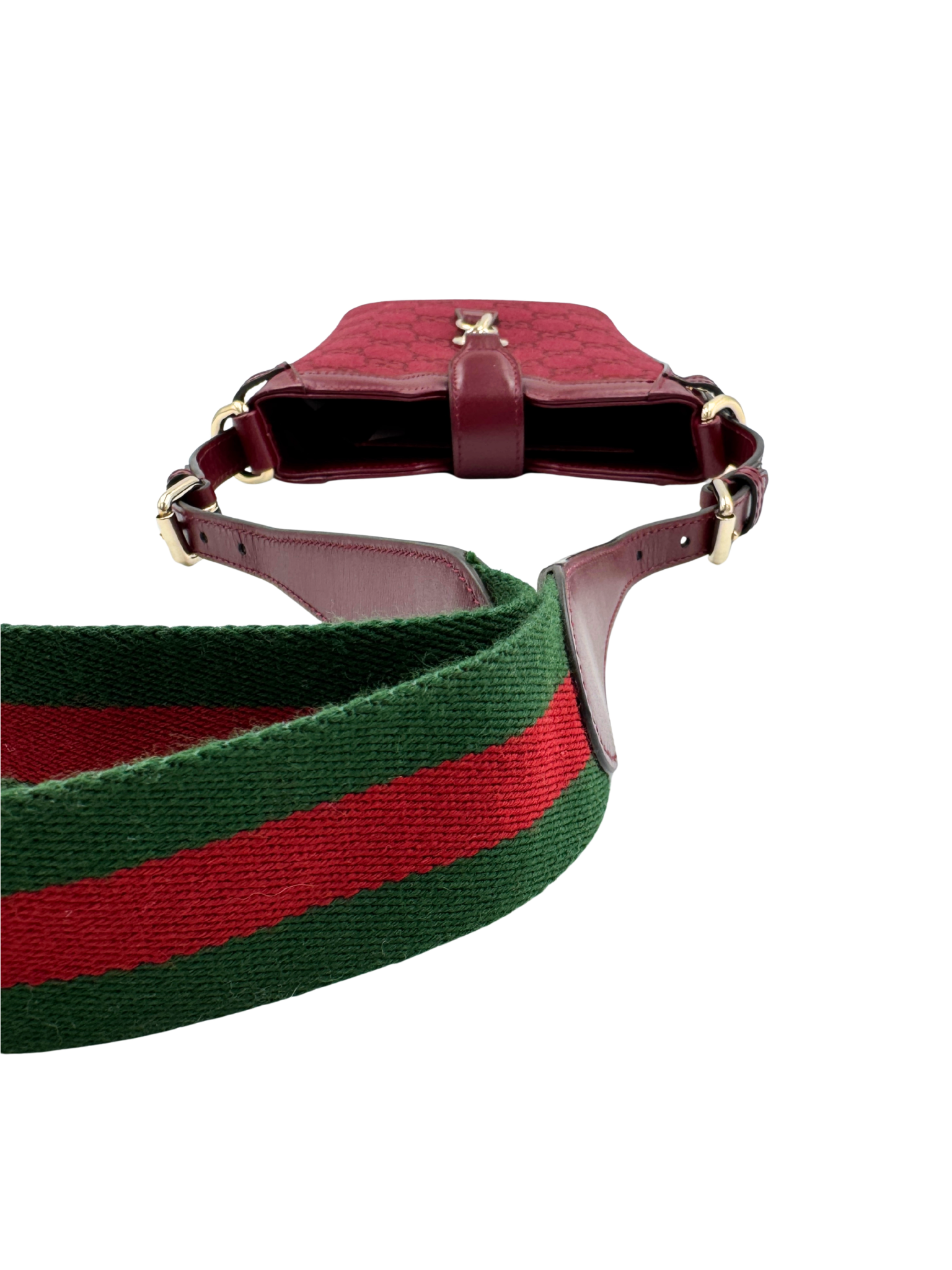 Logo Bucket Shoulder Bag with Gucci Web Strap in Burgundy Rosso Ancora Monogam GG Supreme Canvas