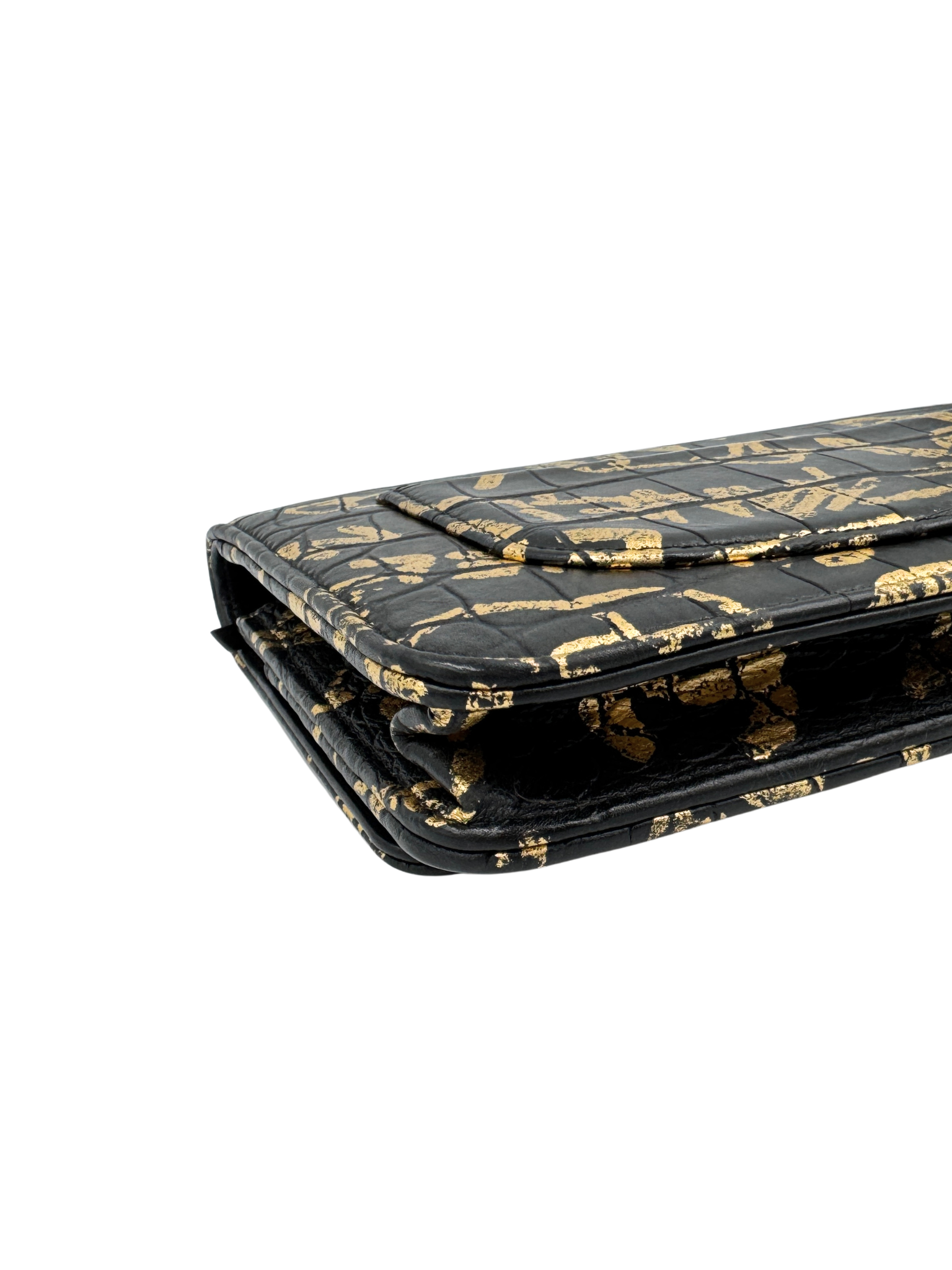 2019 Croc-Embossed Paris-New York Graffiti 2.55 Reissue Wallet on Chain in Black and Gold Leather