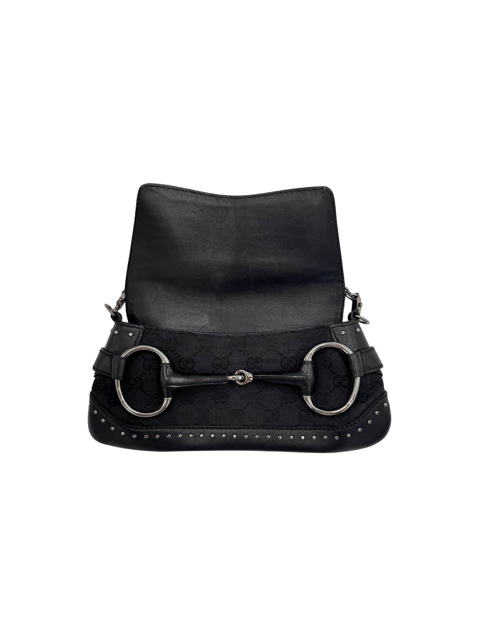 Vintage Tom Ford Era Studded Horsebit Shoulder Bag in Black Monogram GG Supreme Canvas