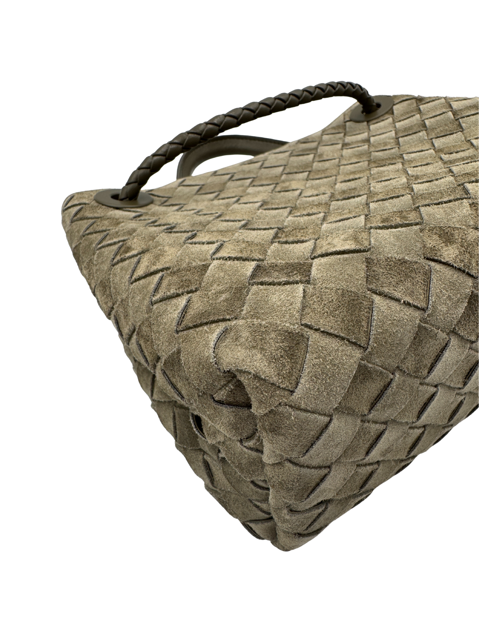 Small Andiamo Top Handle Shoulder Bag in Cypress Green Intrecciato Suede