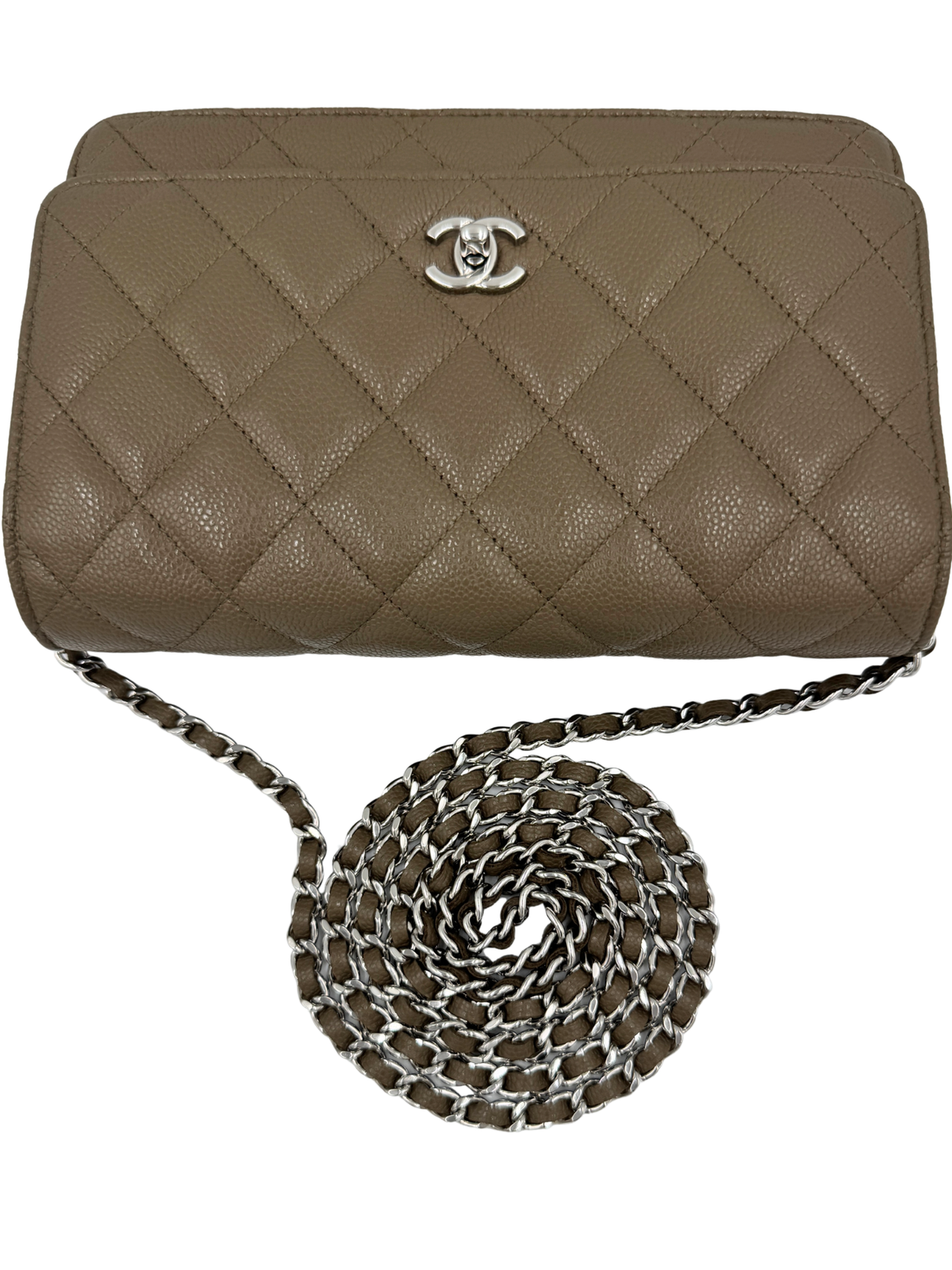 Classic Quilted Wallet on Chain Crossbody Shoulder Bag with CC Turnlock in Taupe Caviar Leather