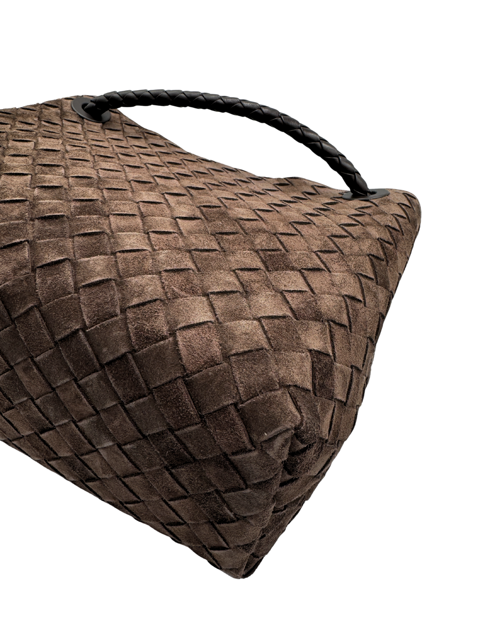 Medium Andiamo Shoulder Bag with Top Handle in Fondant Brown Intrecciato Suede