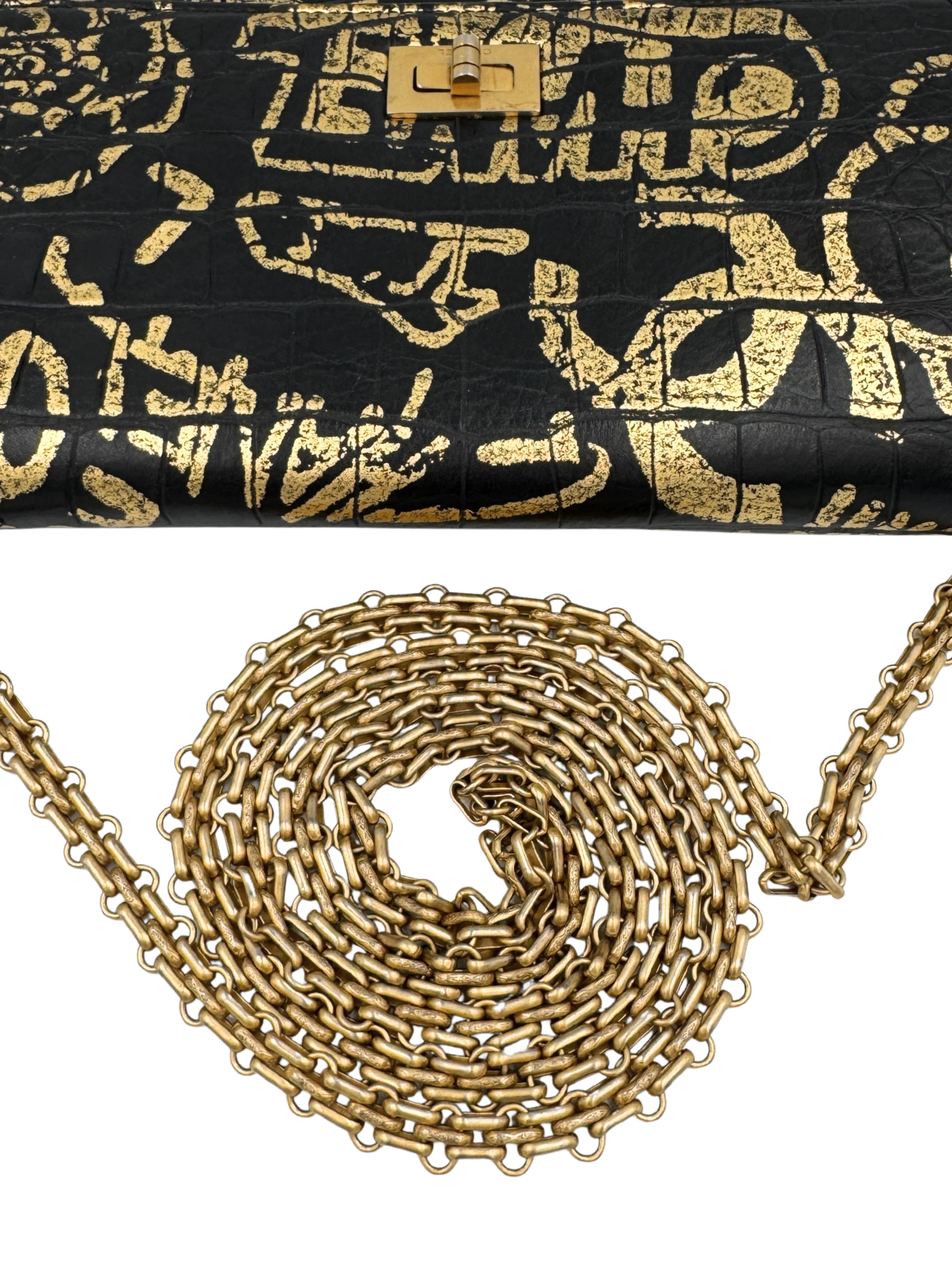 2019 Croc-Embossed Paris-New York Graffiti 2.55 Reissue Wallet on Chain in Black and Gold Leather