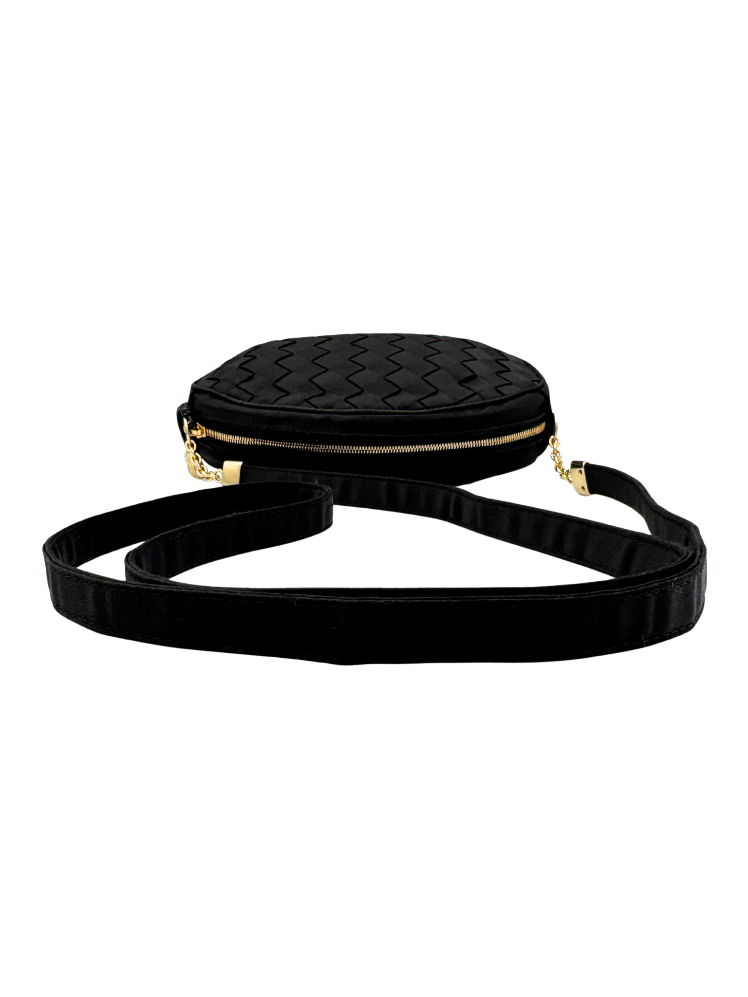 Vintage Camera Shoulder Bag in Black Intrecciato Woven Satin