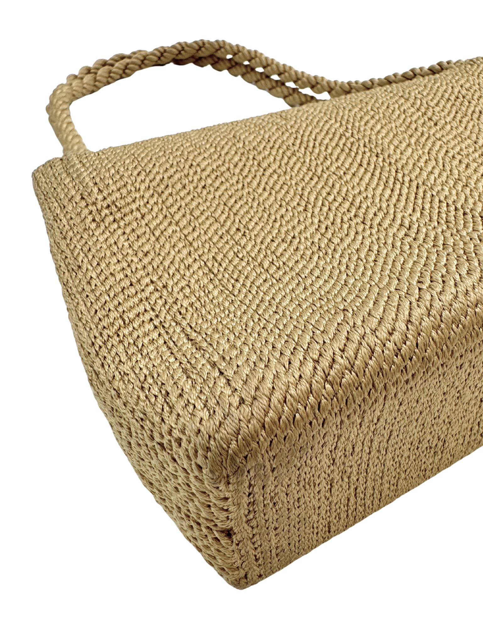Vintage Woven Single Flap Shoulder Bag with Rope Detail in Gold Satin