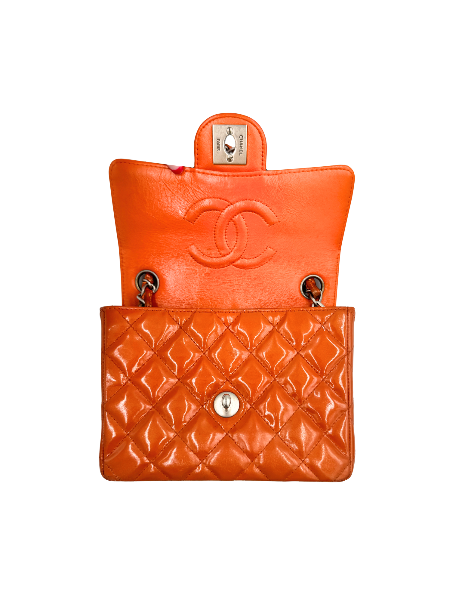Vintage Karl Lagerfeld Era Square Mini Classic Flap Bag with CC Turnlock in Orange Patent Leather