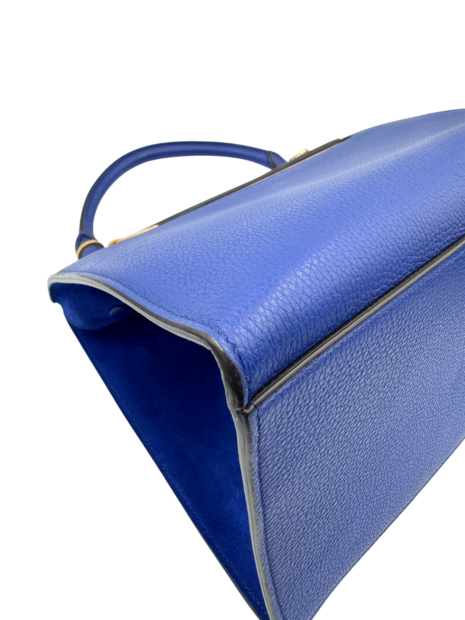 Medium Trapeze Shoulder Bag with Top Handle in Blue Calfskin Leather & Suede