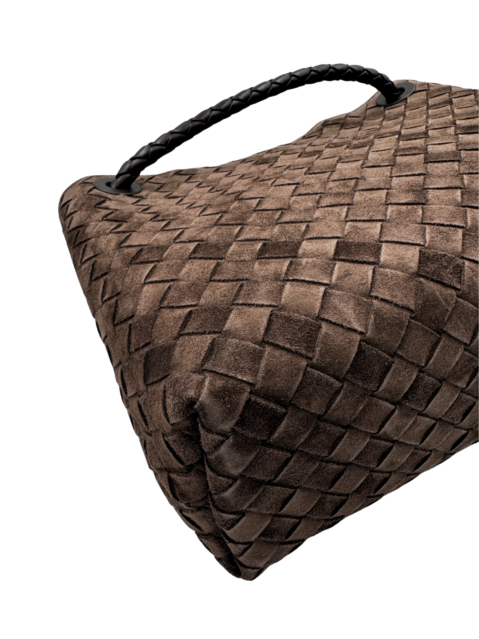 Medium Andiamo Shoulder Bag with Top Handle in Fondant Brown Intrecciato Suede