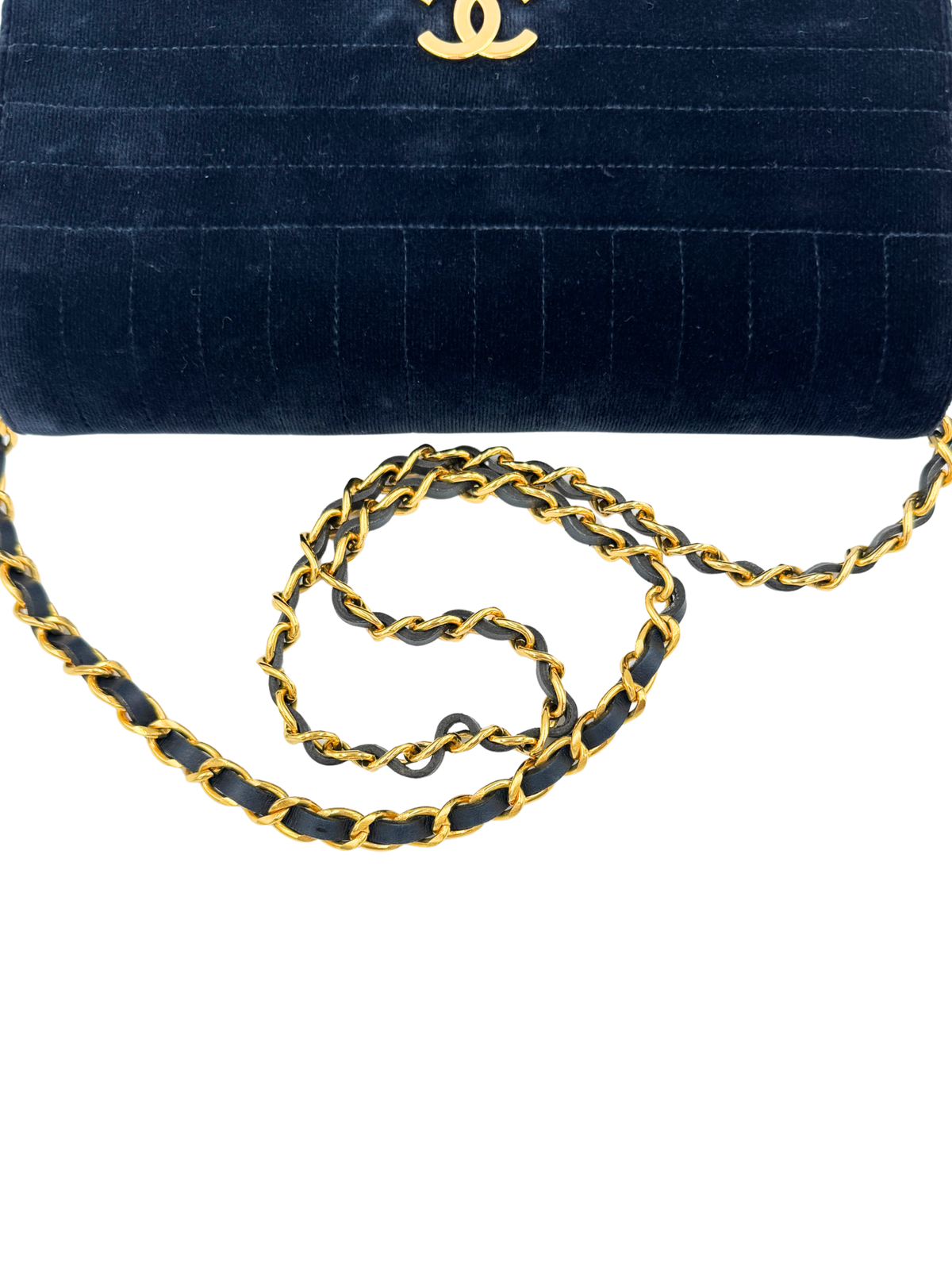 Vintage Karl Lagerfeld Era CC Matelasse Quilted Single Flap Shoulder Bag in Navy Velvet