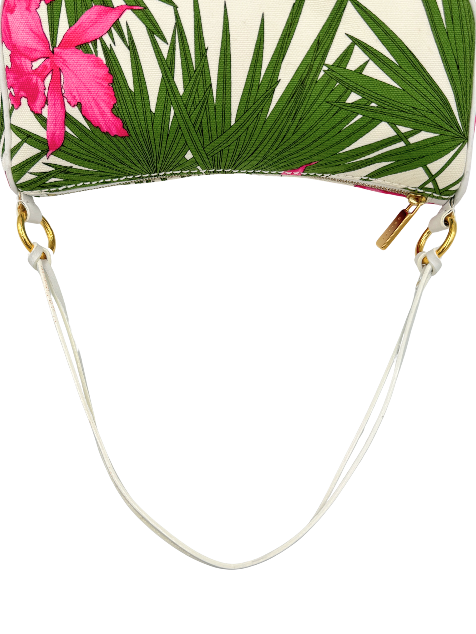 Triomphe Tropical Hibiscus Print Shoulder Bag Pochette in Pink and Green Canvas