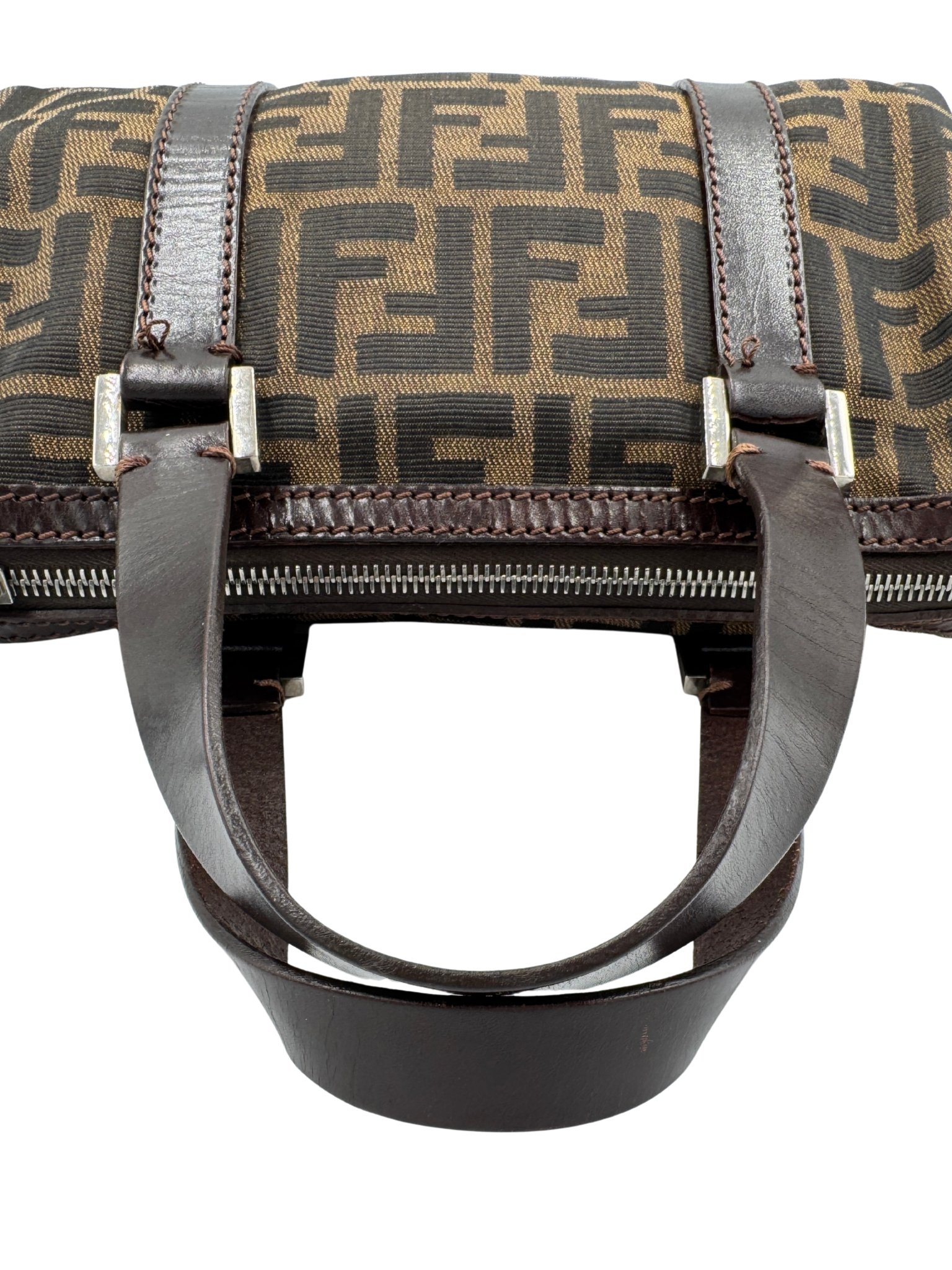 Vintage FF Zucca Boston Bag with Top Handle in Brown and Tan Monogram Canvas with Brown Leather Trim
