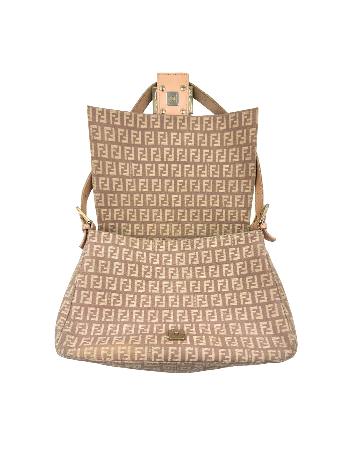 FF Logo Mamma Baguette Hobo Shoulder Bag in Mauve/Brown and Ivory Zucchino Canvas