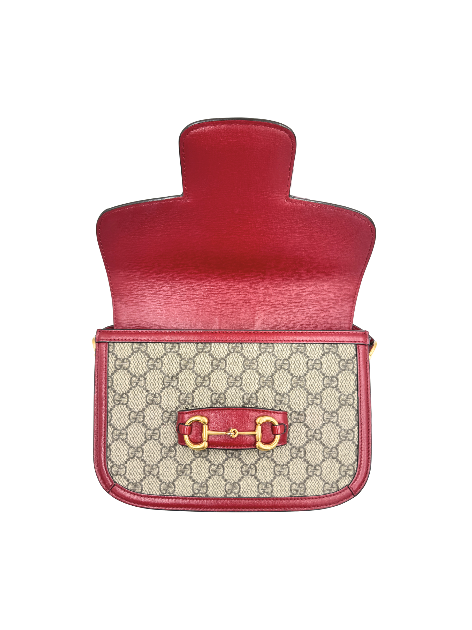 1955 Horsebit Shoulder Bag in Brown and Tan Monogram GG Supreme Coated Canvas with Burgundy Leather Trim (Copy)