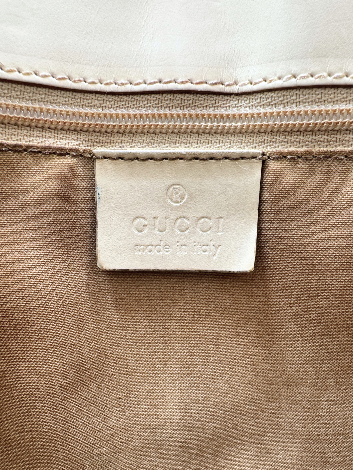 Vintage Jackie Structured Hobo Shoulder Bag in Ivory Monogram GG Supreme Canvas with White Leather Trim