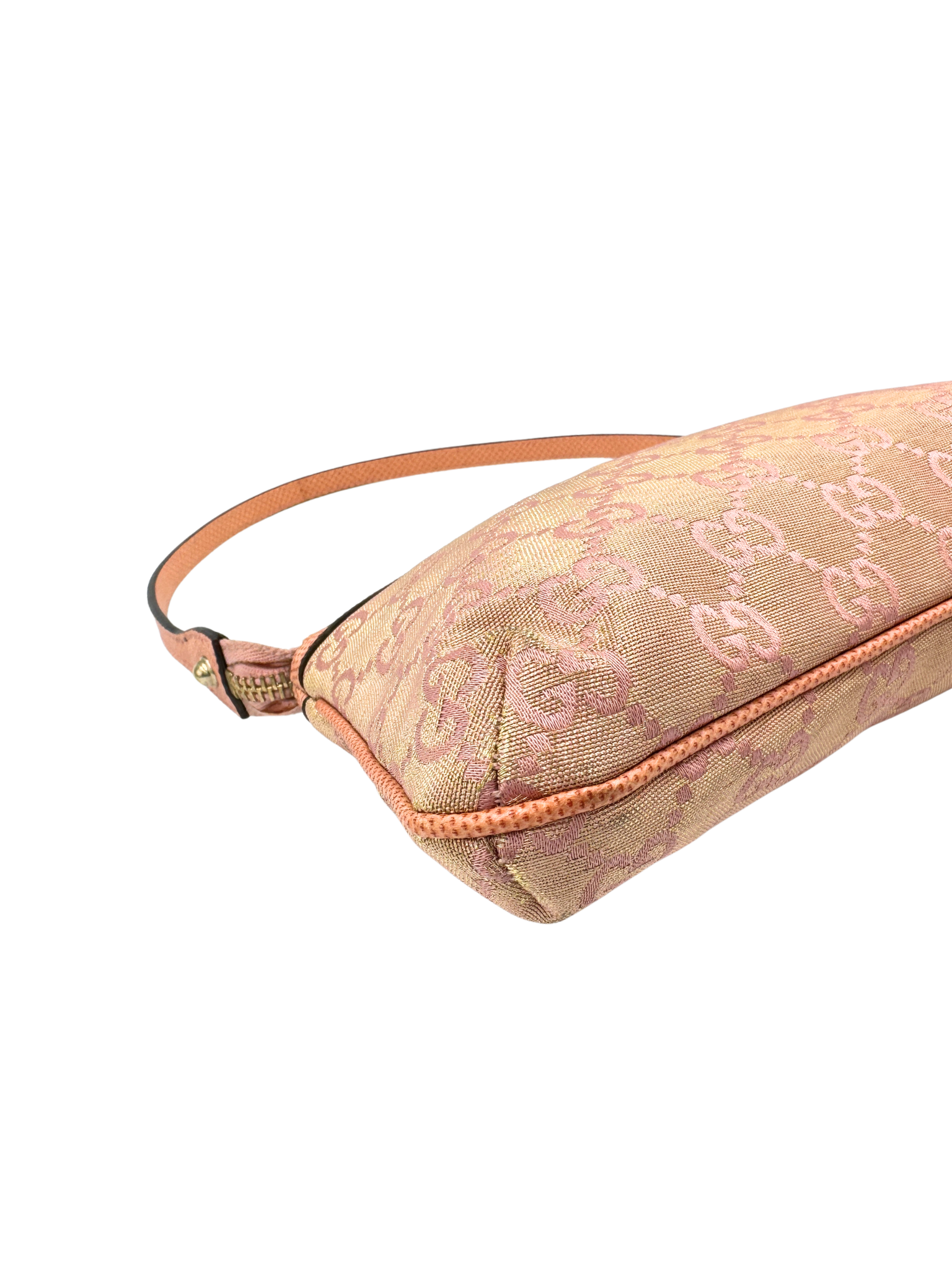 Iridescent GG Monogram Shoulder Bag Pochette with Bumble Bee Charm in Pink Canvas with Lizard Embossed Trim