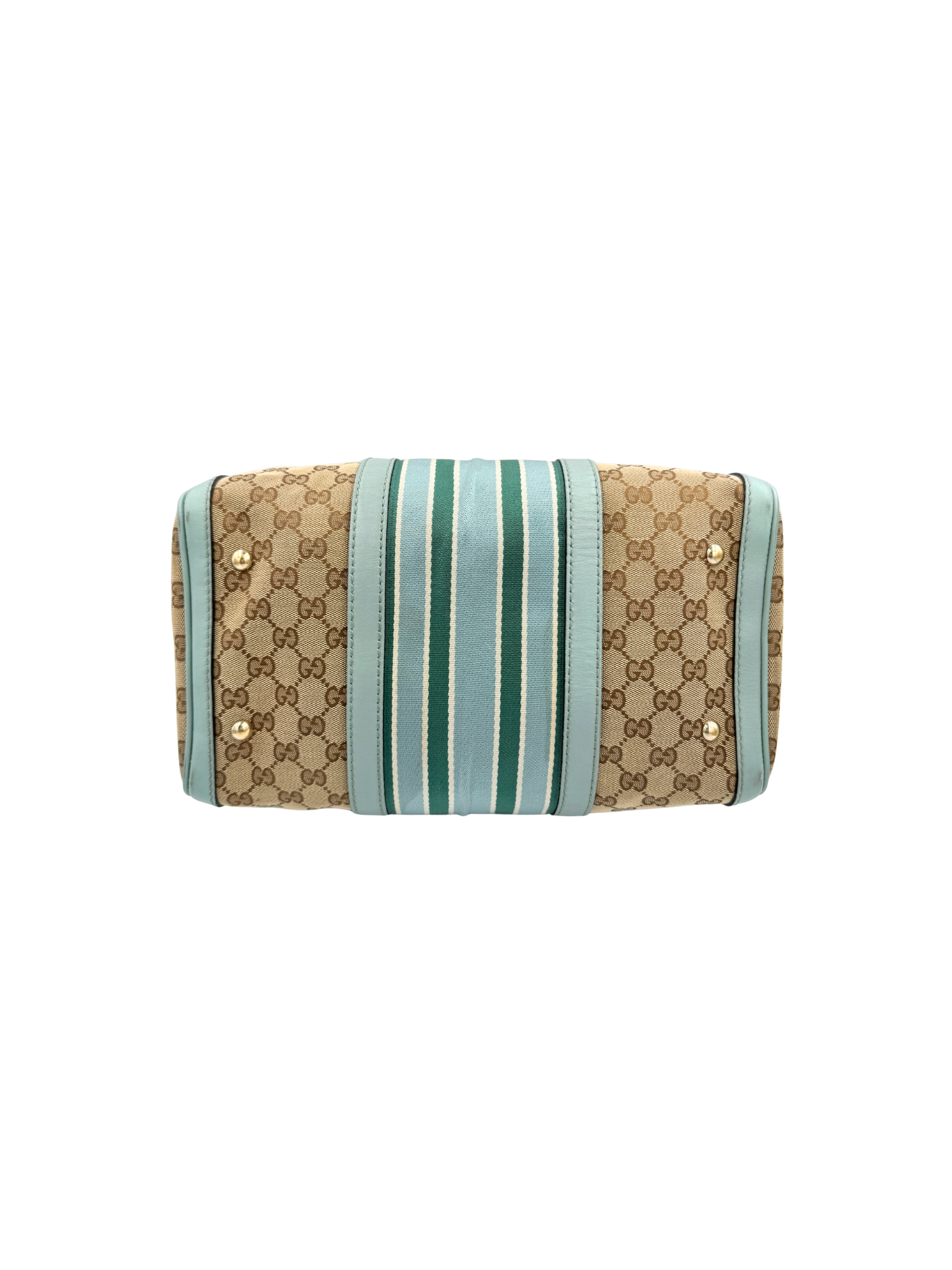 Striped GG Boston Bag with Top Handle in Brown and Tan Monogram GG Supreme Canvas with Blue and Green Accents