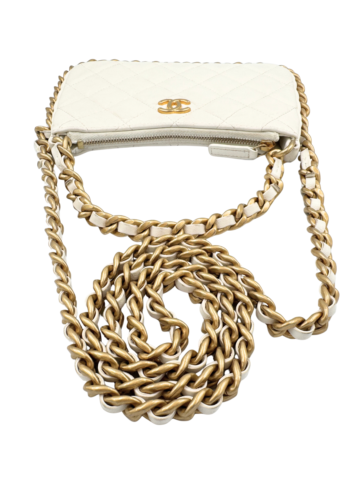 Classic Quilted Chain Around Trendy Hobo Shoulder Bag with Top Handle in White Lambskin Leather