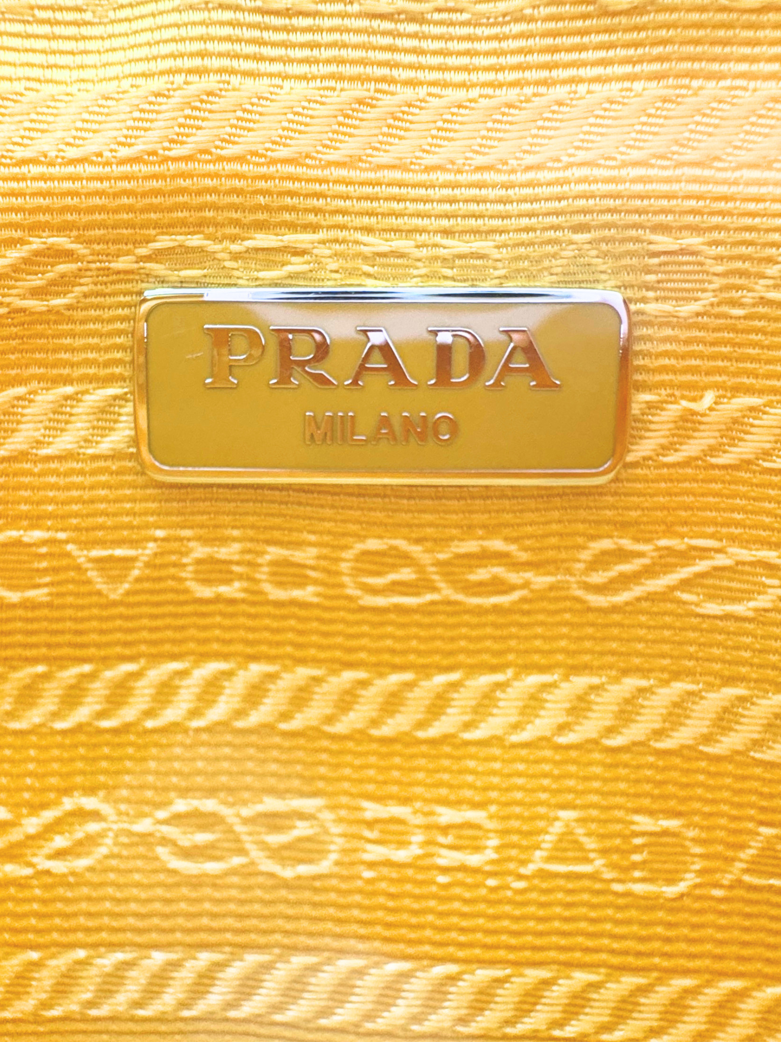 Ruched Shoulder Bag with Triangle Logo Plate in Yellow Nylon