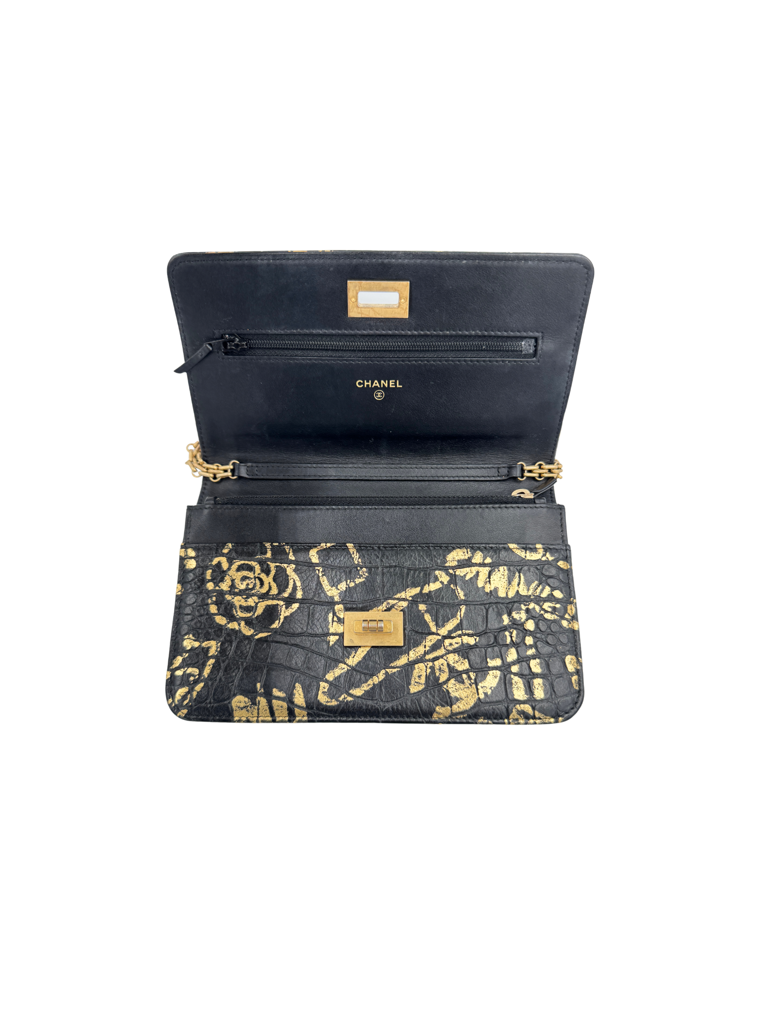 2019 Croc-Embossed Paris-New York Graffiti 2.55 Reissue Wallet on Chain in Black and Gold Leather