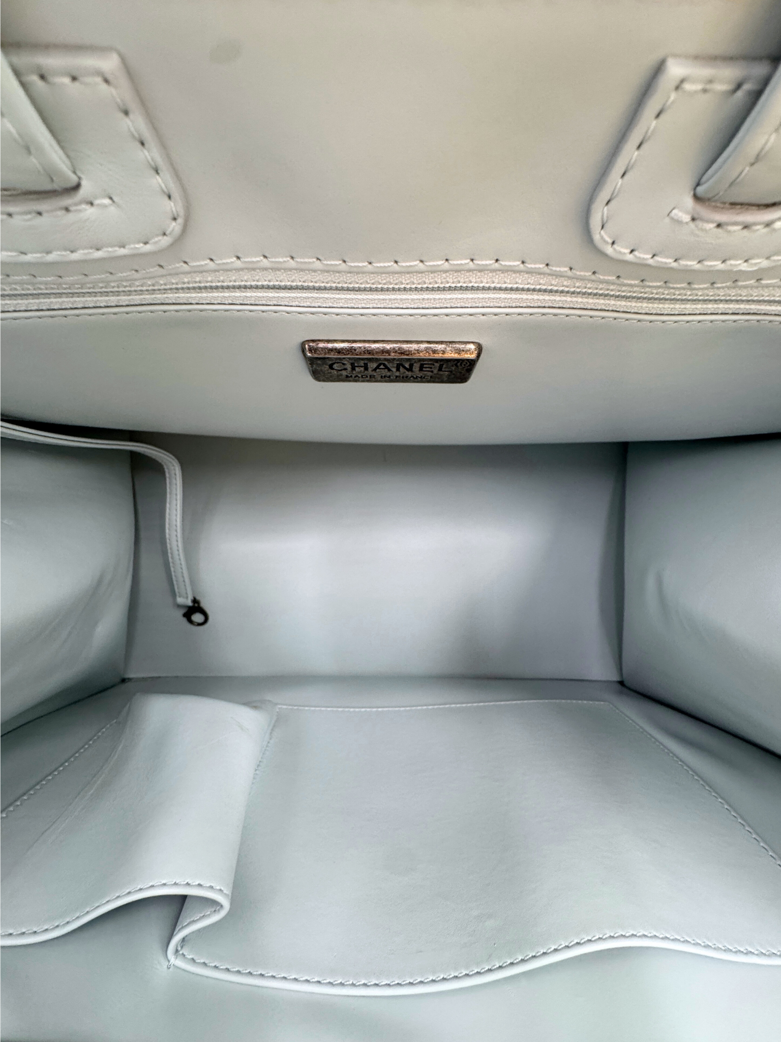 Embellished Watercolor Runway Shopping Tote Bag in Pale Blue Calfskin Leather