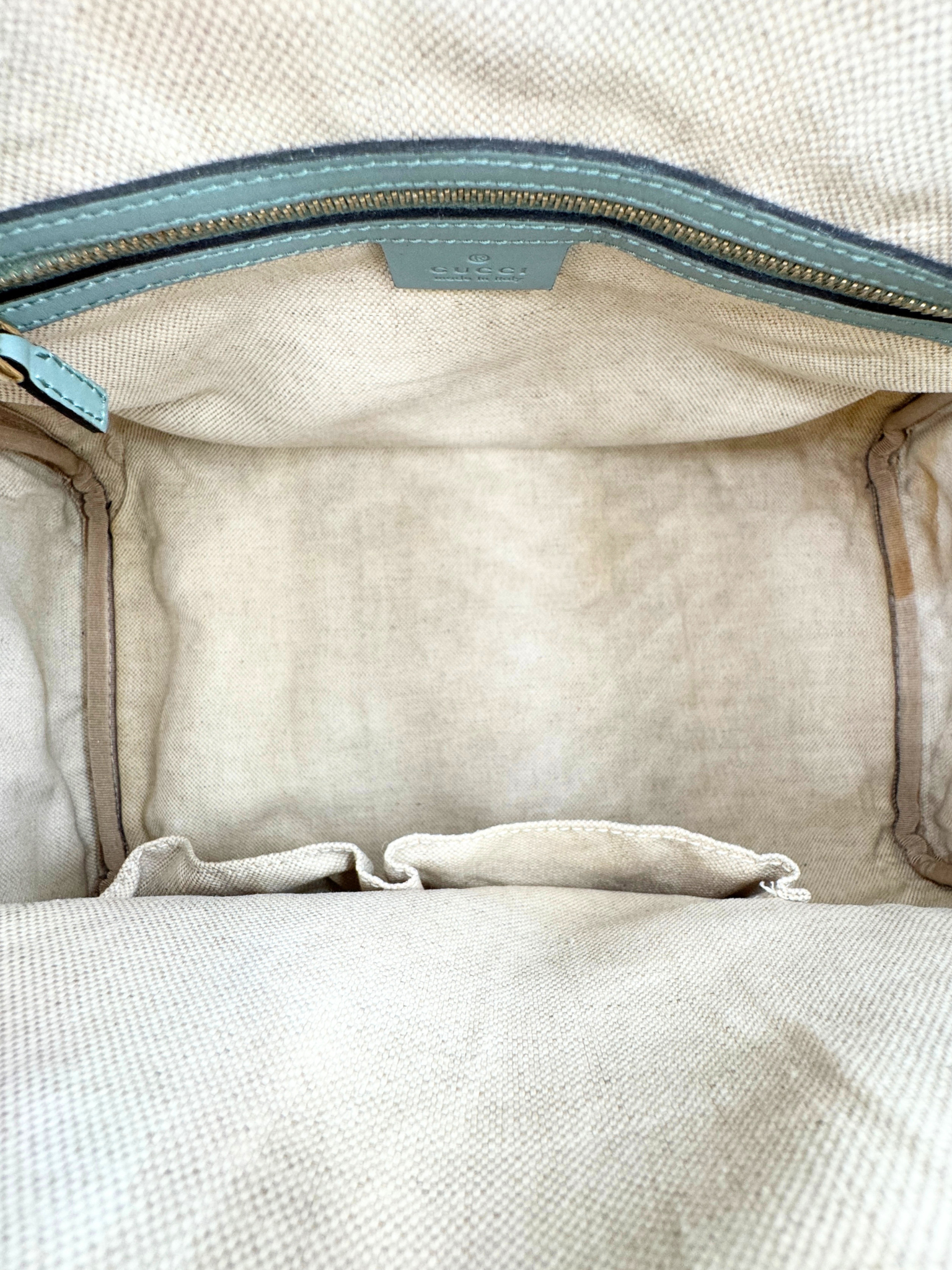 Striped GG Boston Bag with Top Handle in Brown and Tan Monogram GG Supreme Canvas with Blue and Green Accents