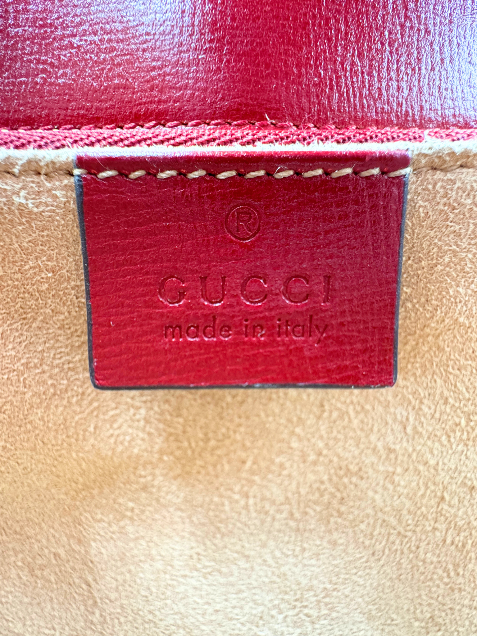 1955 Horsebit Shoulder Bag in Brown and Tan Monogram GG Supreme Coated Canvas with Burgundy Leather Trim (Copy)