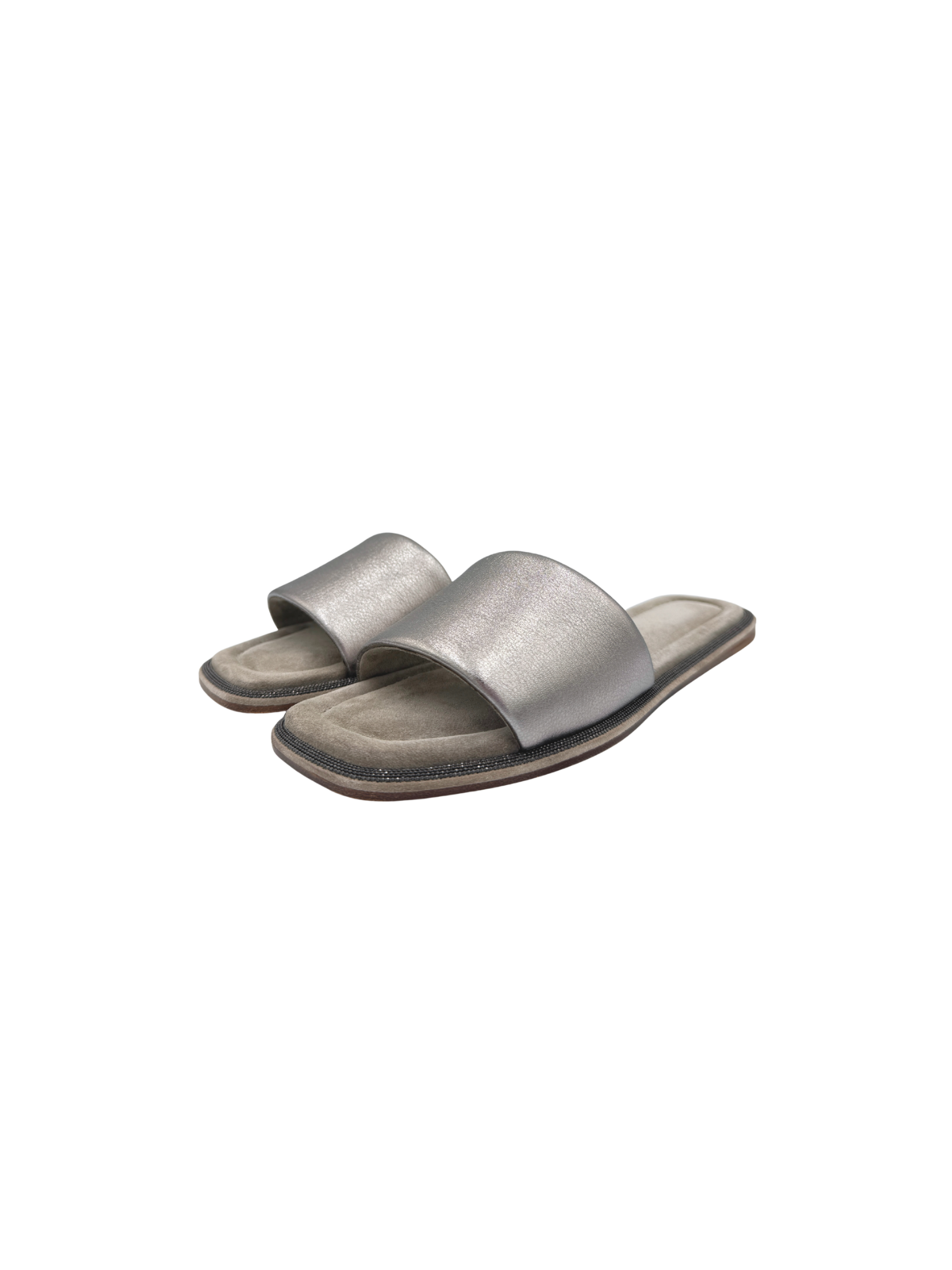 Size 40 Flat Slide Sandals in Silver Leather & Grey Suede