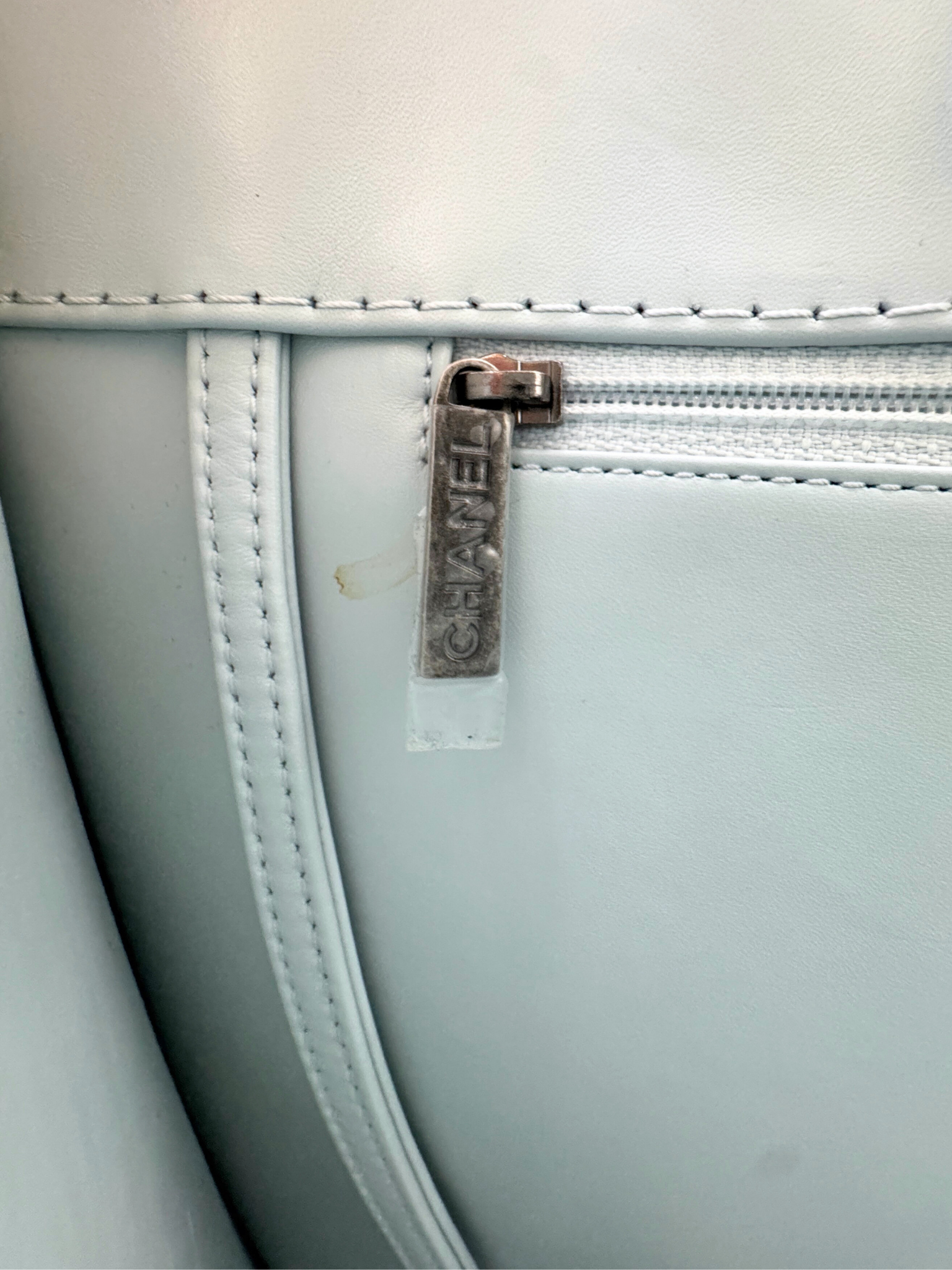 Embellished Watercolor Runway Shopping Tote Bag in Pale Blue Calfskin Leather