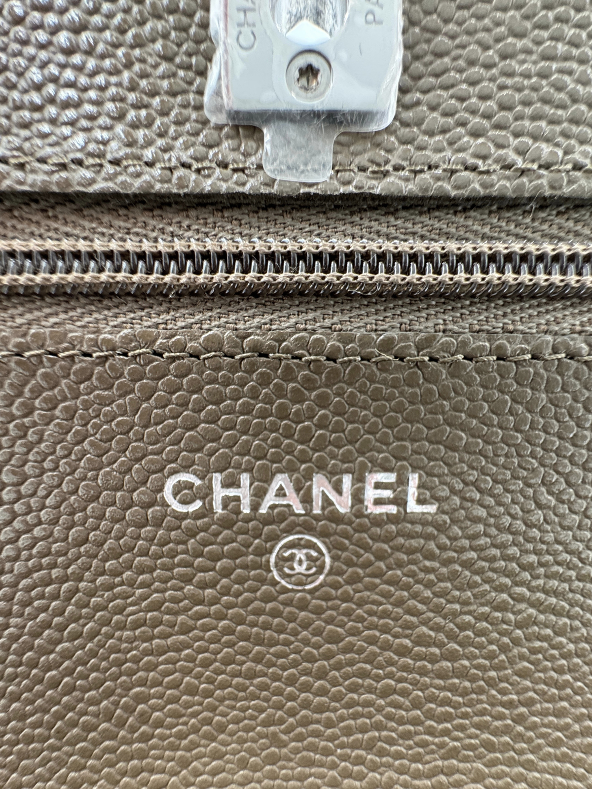 Classic Quilted Wallet on Chain Crossbody Shoulder Bag with CC Turnlock in Taupe Caviar Leather