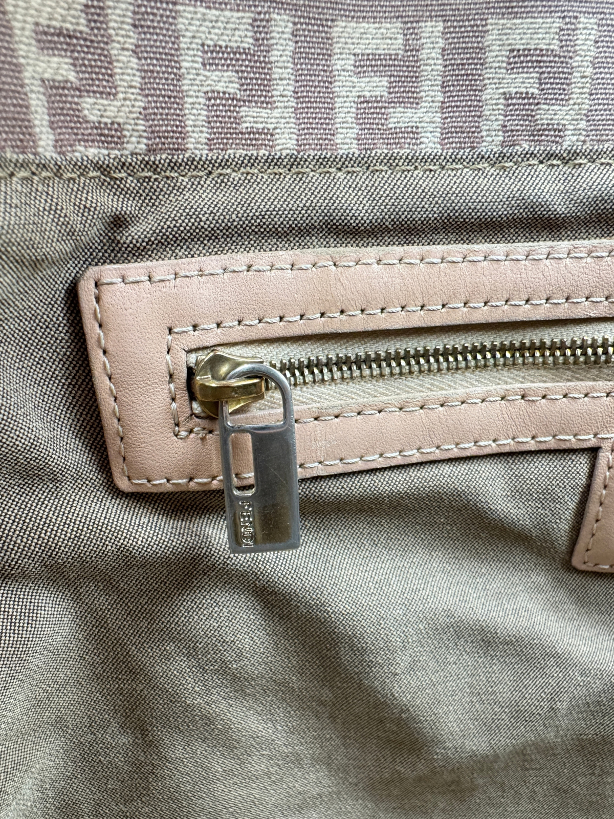 FF Logo Mamma Baguette Hobo Shoulder Bag in Mauve/Brown and Ivory Zucchino Canvas