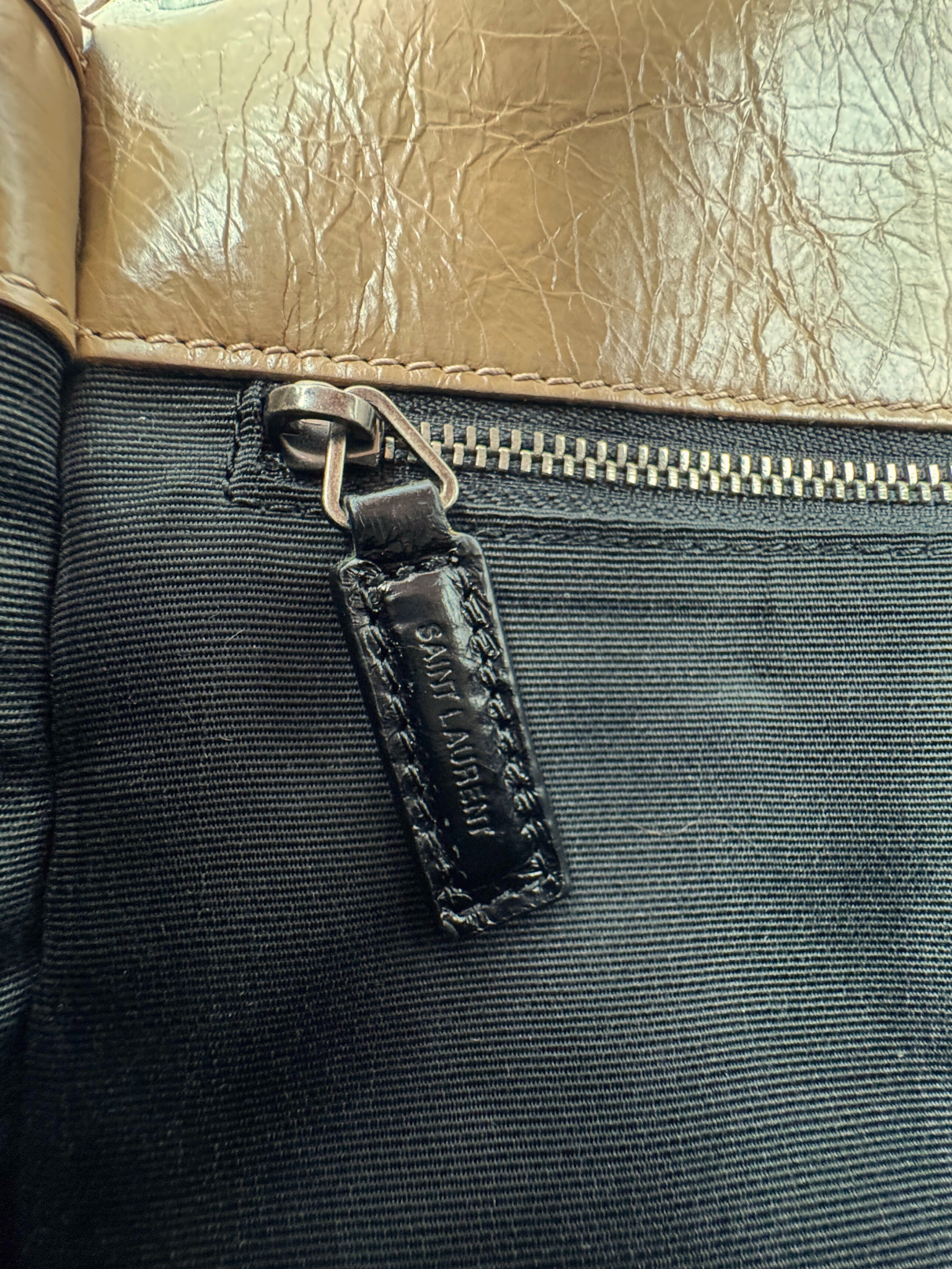 Medium Niki Chevron YSL Logo Shoulder Bag in Taupe Crinkled Calfskin Leather