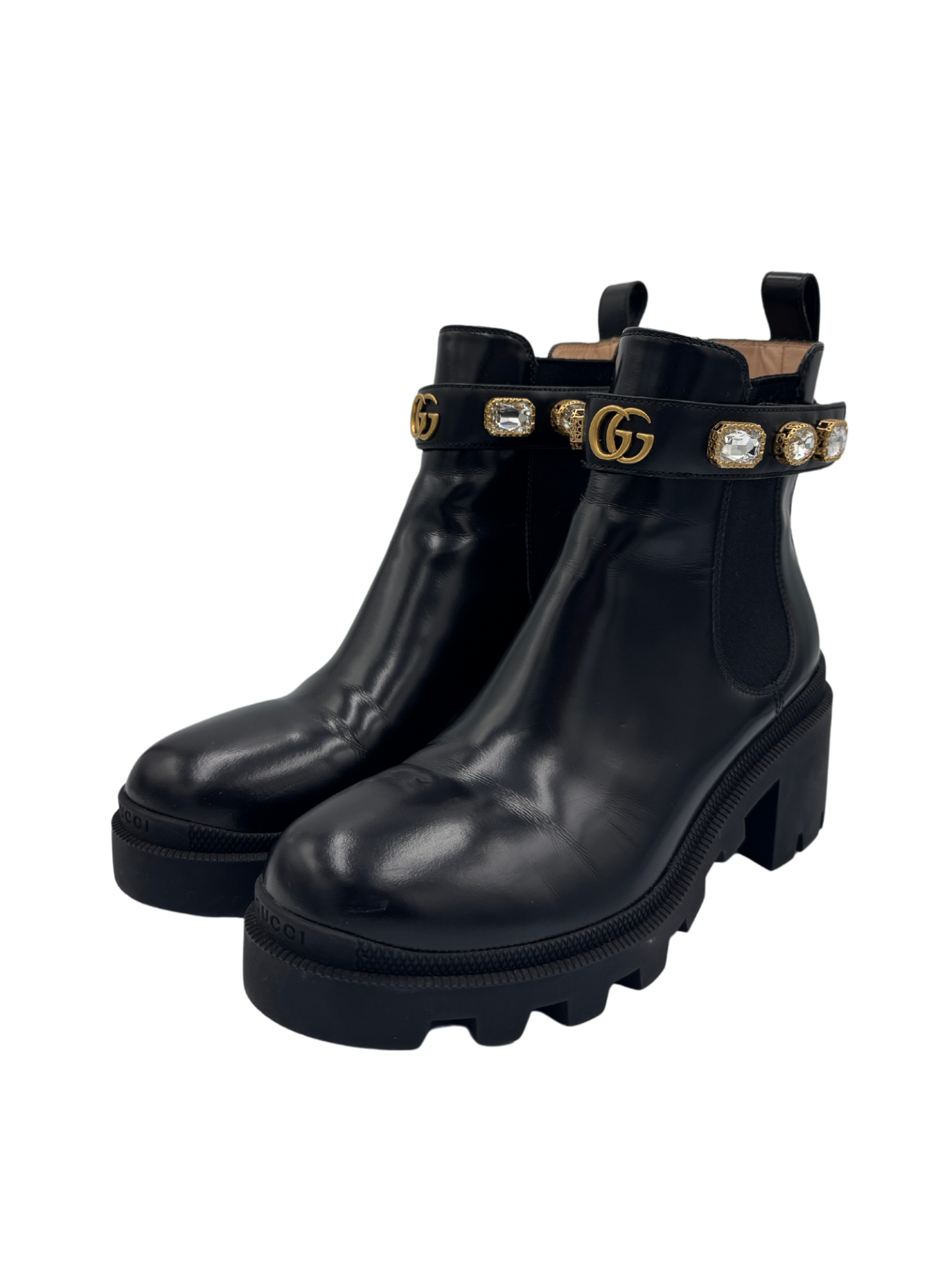 Size 39.5 Trip Crystal-Embellished GG Chelsea Boots in Black Leather