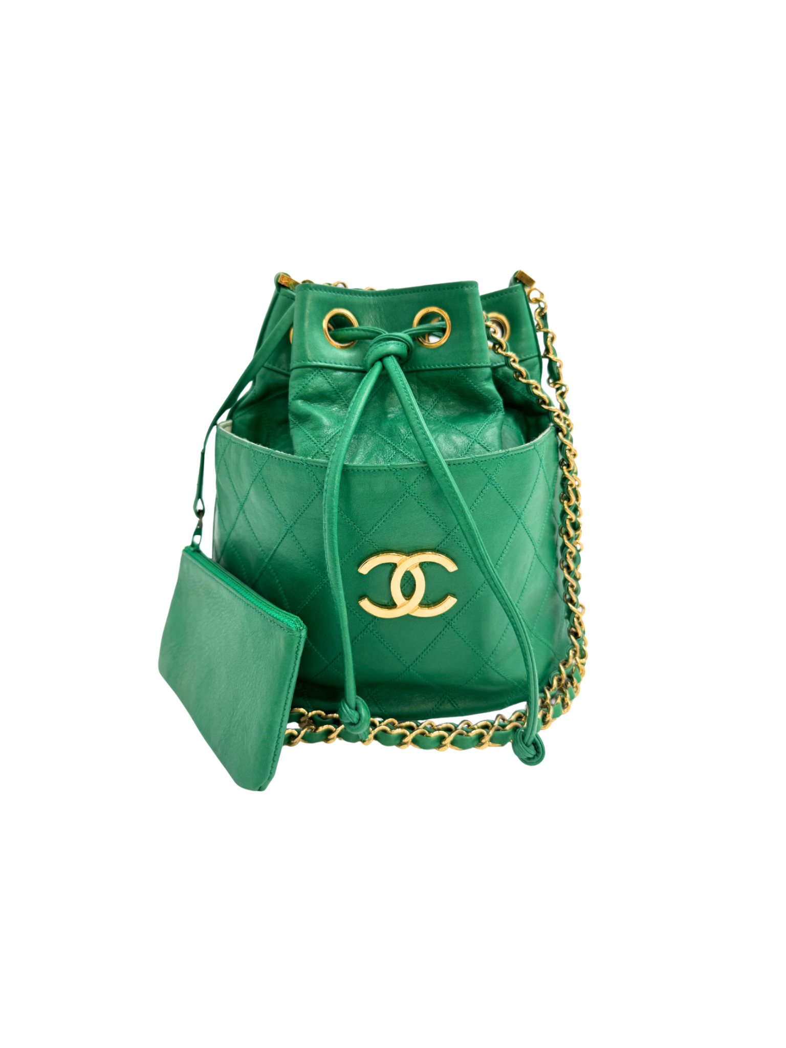 Vintage Quilted Drawstring Bucket Bag with Pouch in Green Lambskin Leather