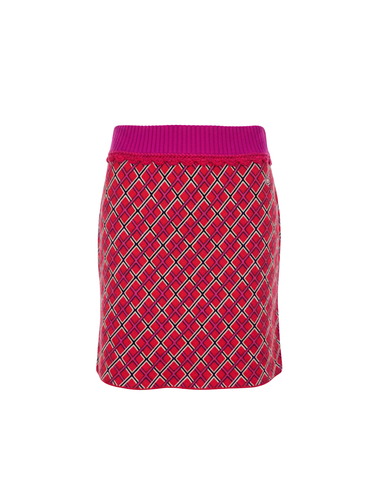 Size XS / FR 34 2024 Knit Mini Skirt in Red & Pink Geometric Diamond Print