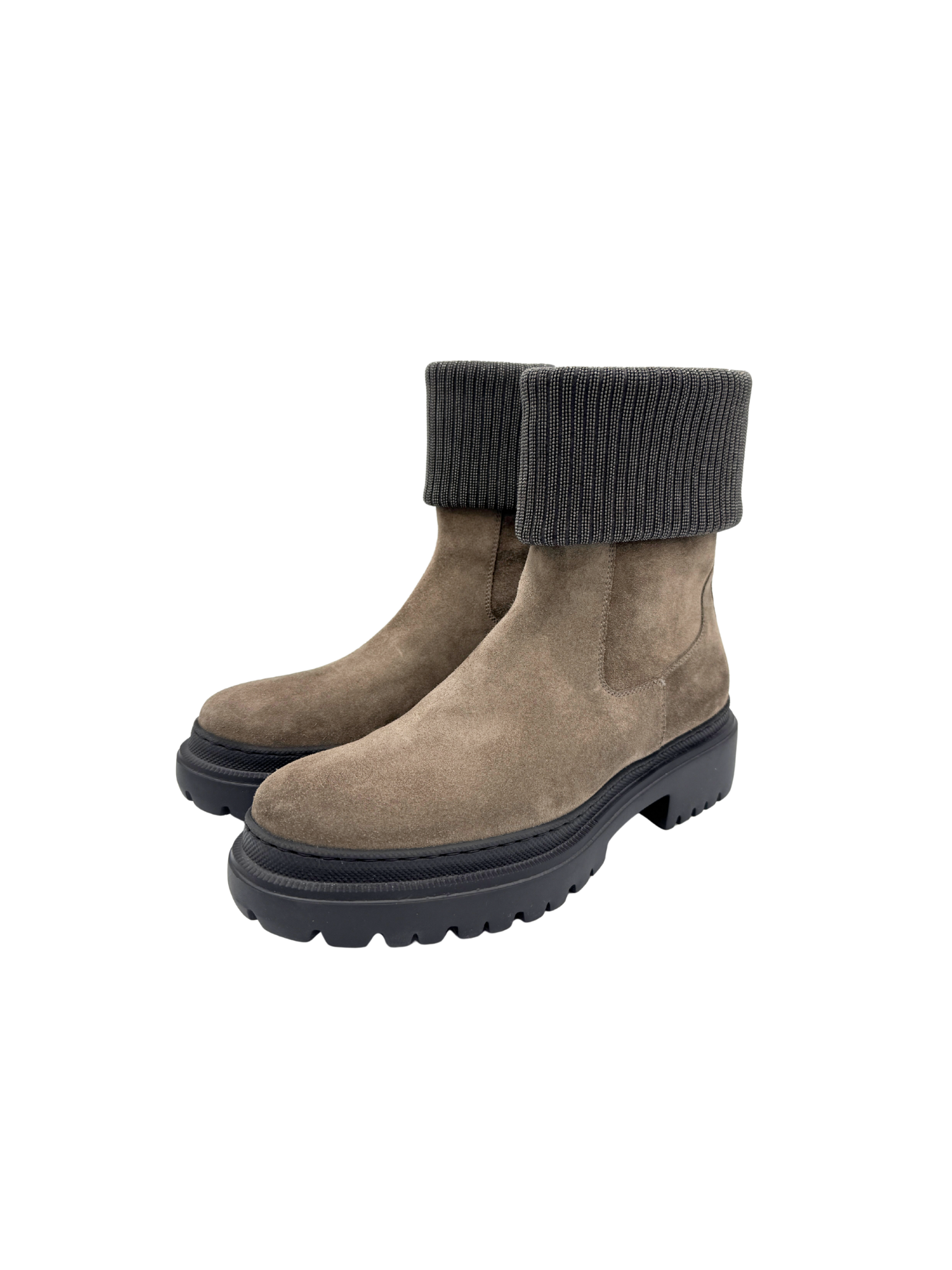 Size 40 Ankle Boots with Monili Trim Ribbed Cuff in Grey Suede