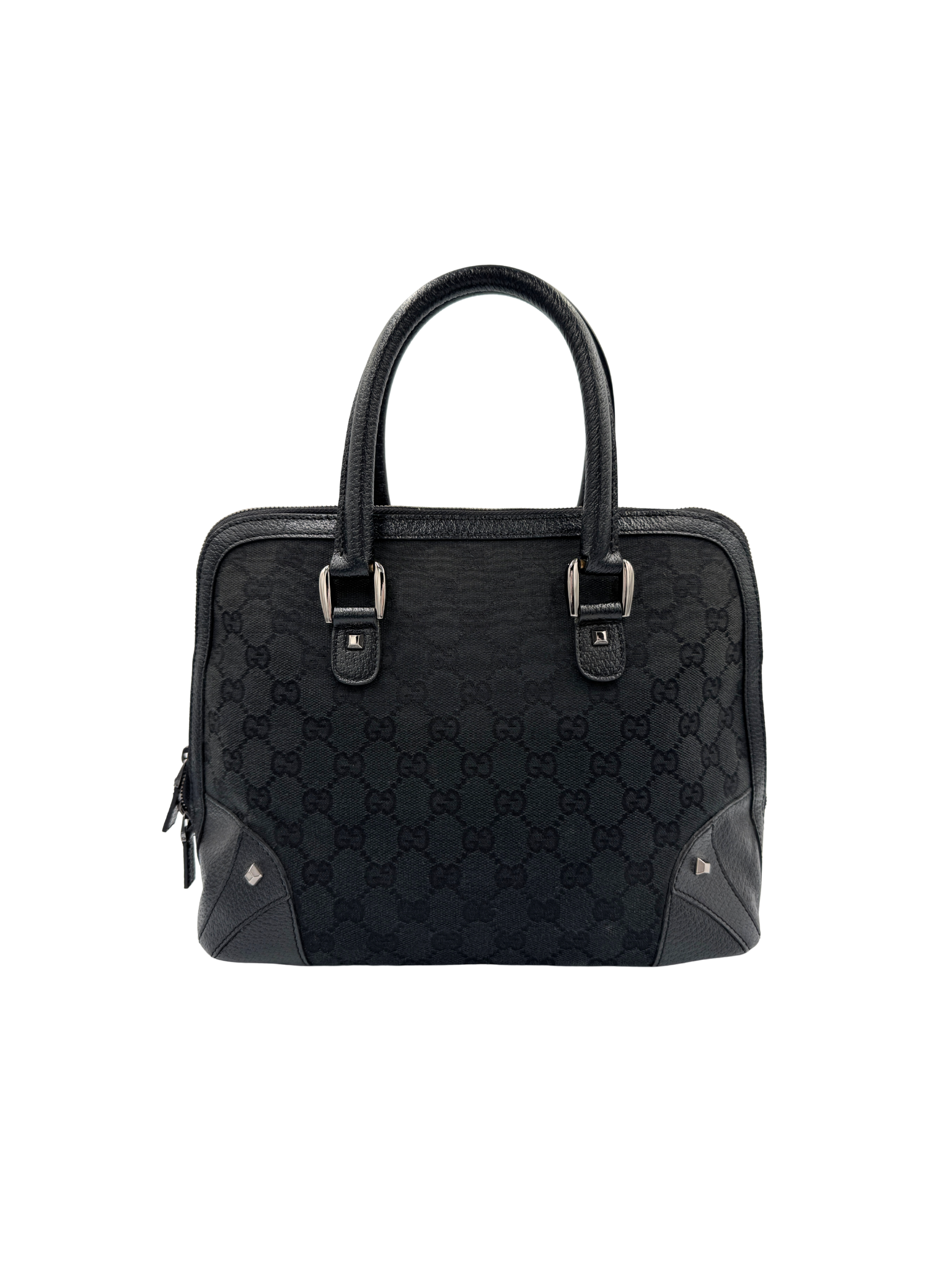 Vintage Tom Ford Era Dome Satchel with Top Handle and Micro Studs in Black Monogram GG Supreme Canvas with Leather Trim