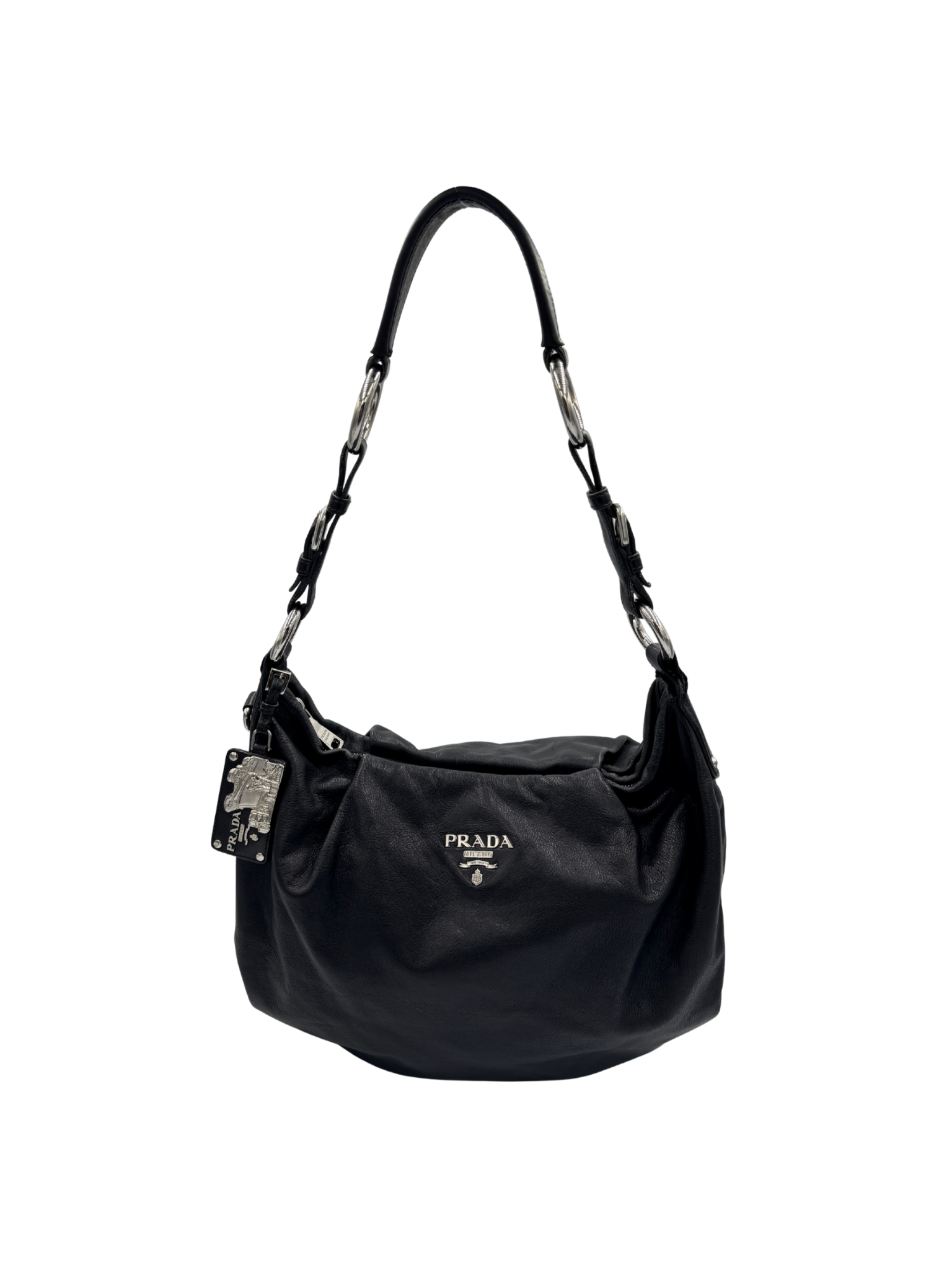 Hobo Shoulder Bag w/ Detachable Bag Charm in Black Aged Leather