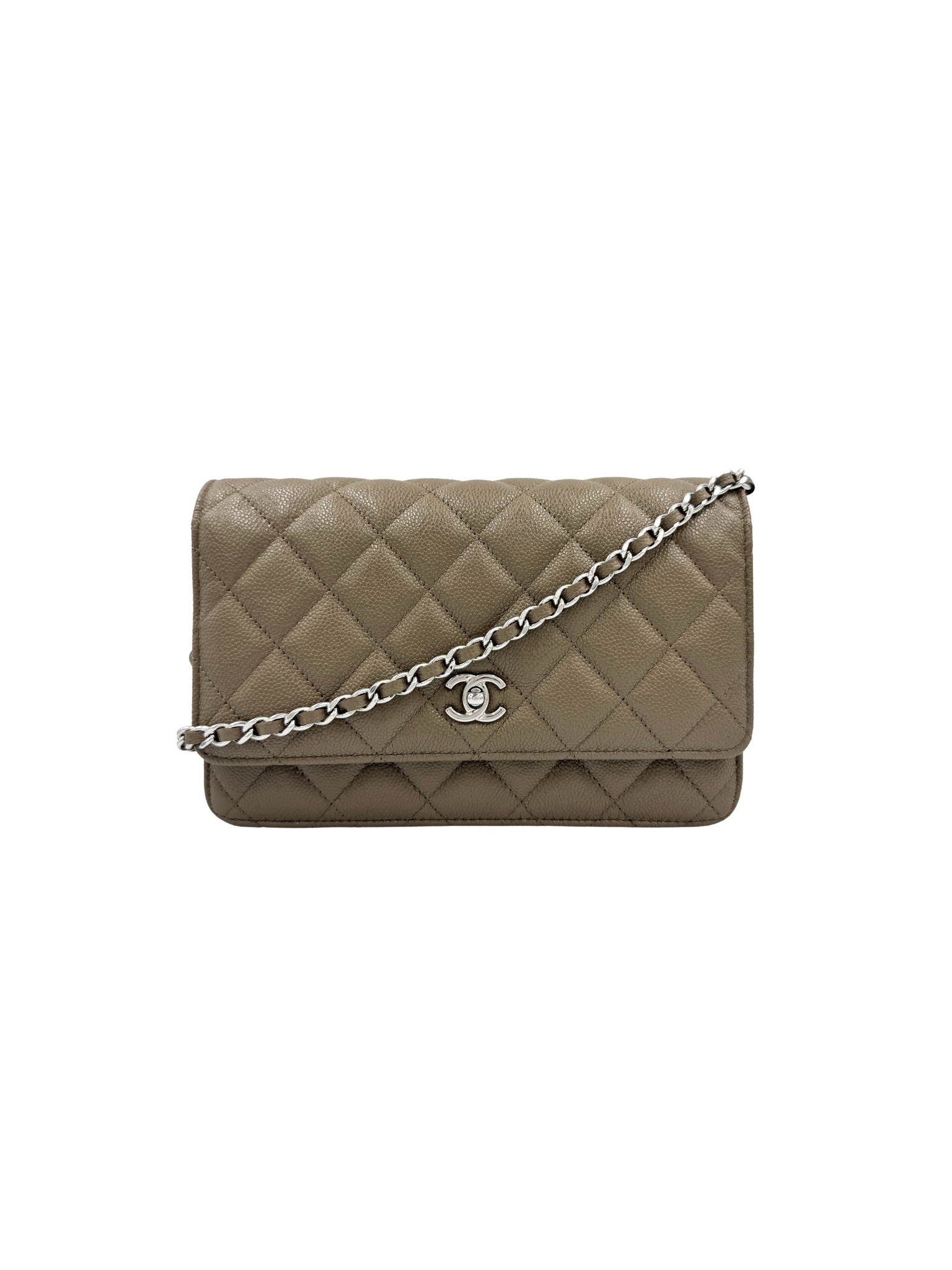 Classic Quilted Wallet on Chain Crossbody Shoulder Bag with CC Turnlock in Taupe Caviar Leather