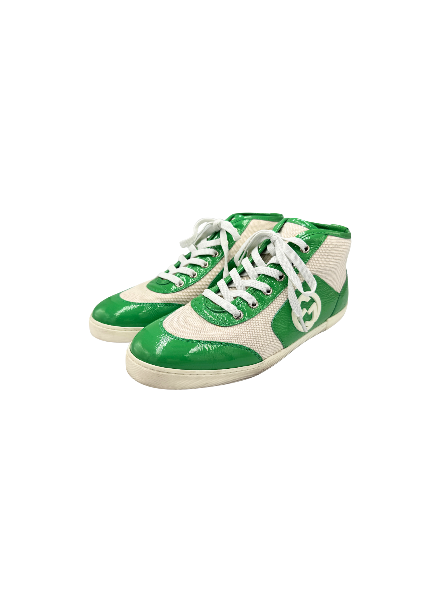 Size 37.5 GG Lace-Up High-Top Sneakers in Ivory Canvas with Green Leather Accents