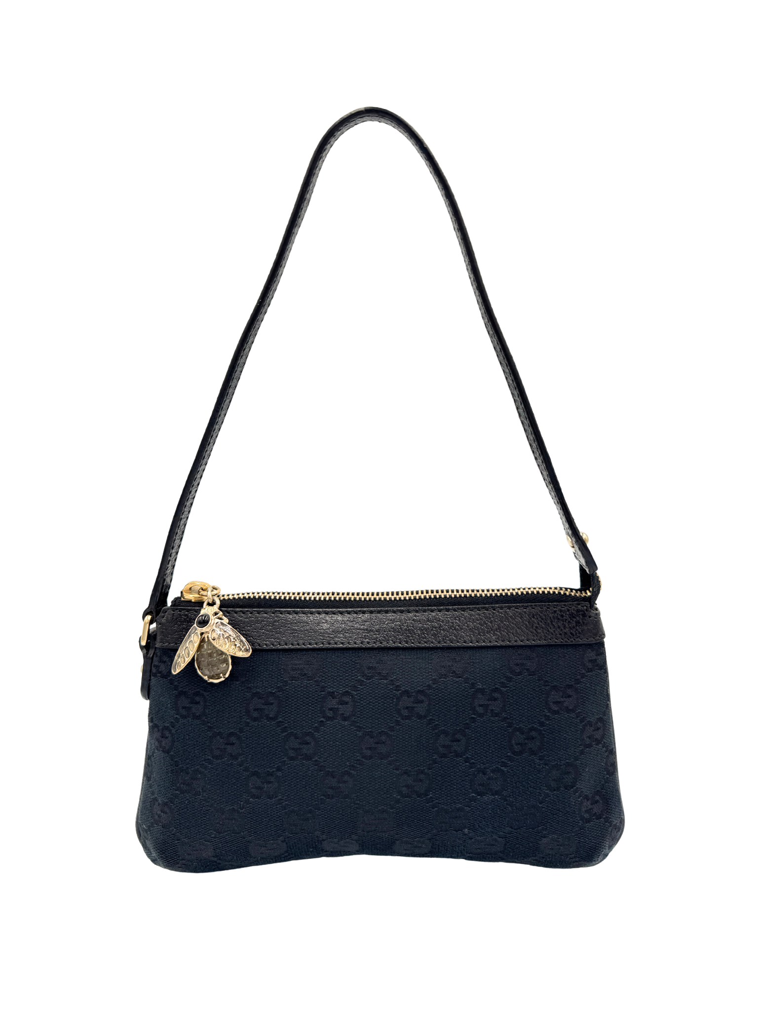 Gucci Pochette Shoulder Bag with Crystal Bee Charm in Black Monogram GG Logo Canvas