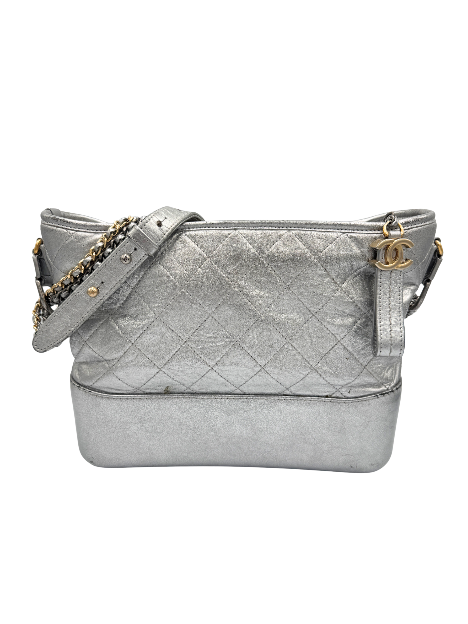 Medium Gabrielle Hobo Shoulder Bag in Aged Silver Calfskin Leather