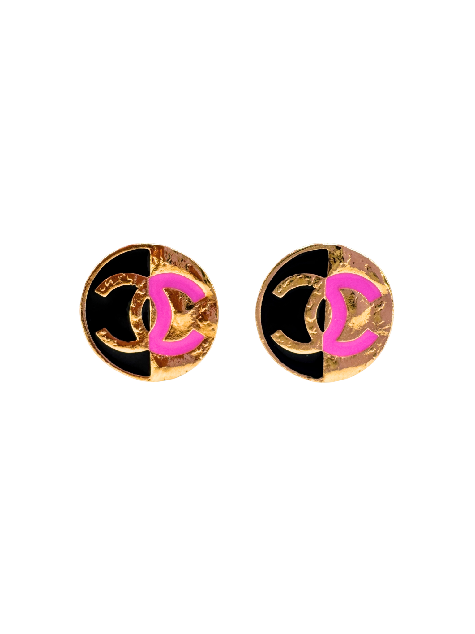 CC Round Stud Earrings in Pink/Black/Gold Metal & Resin