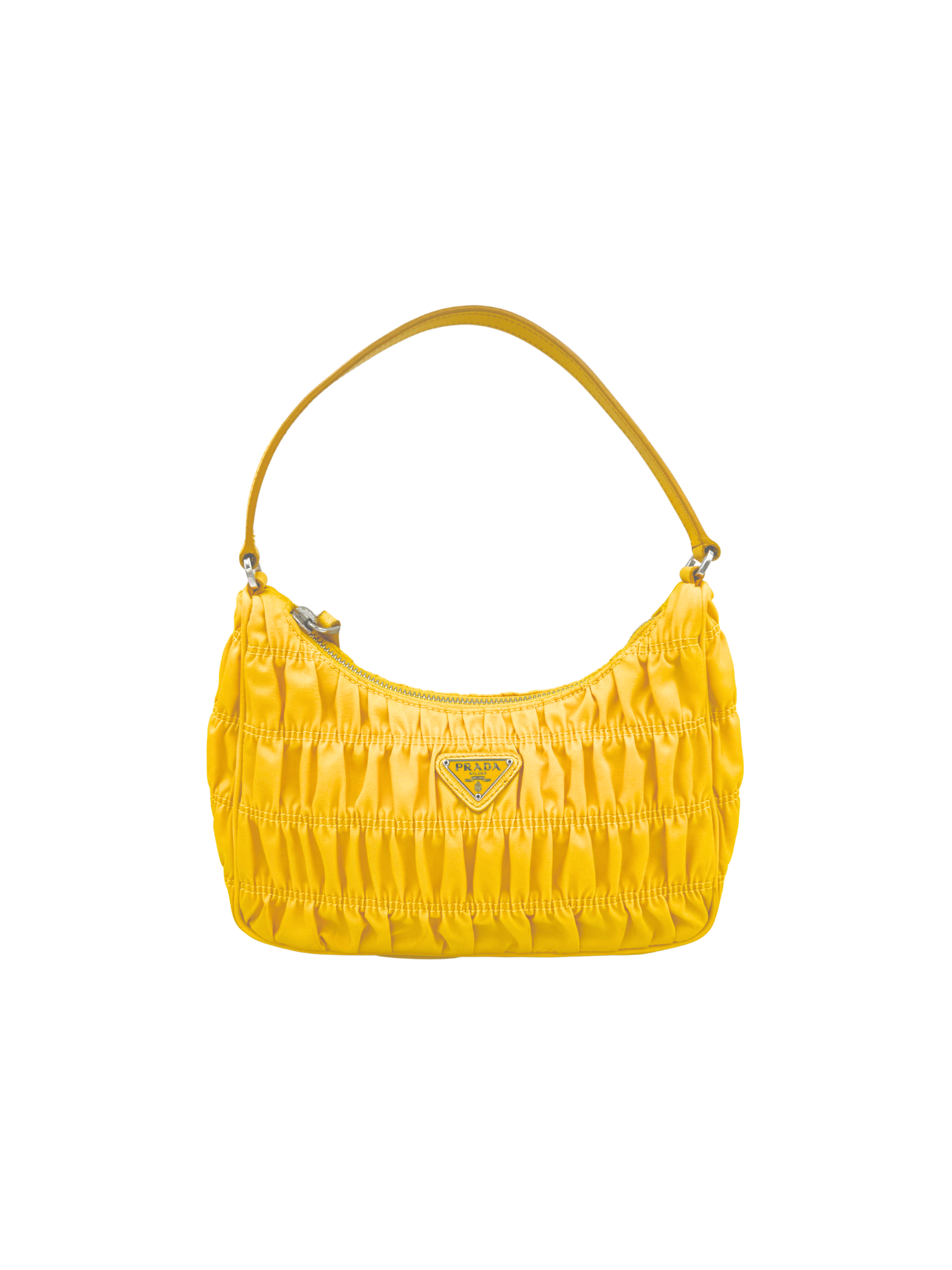 Ruched Shoulder Bag with Triangle Logo Plate in Yellow Nylon