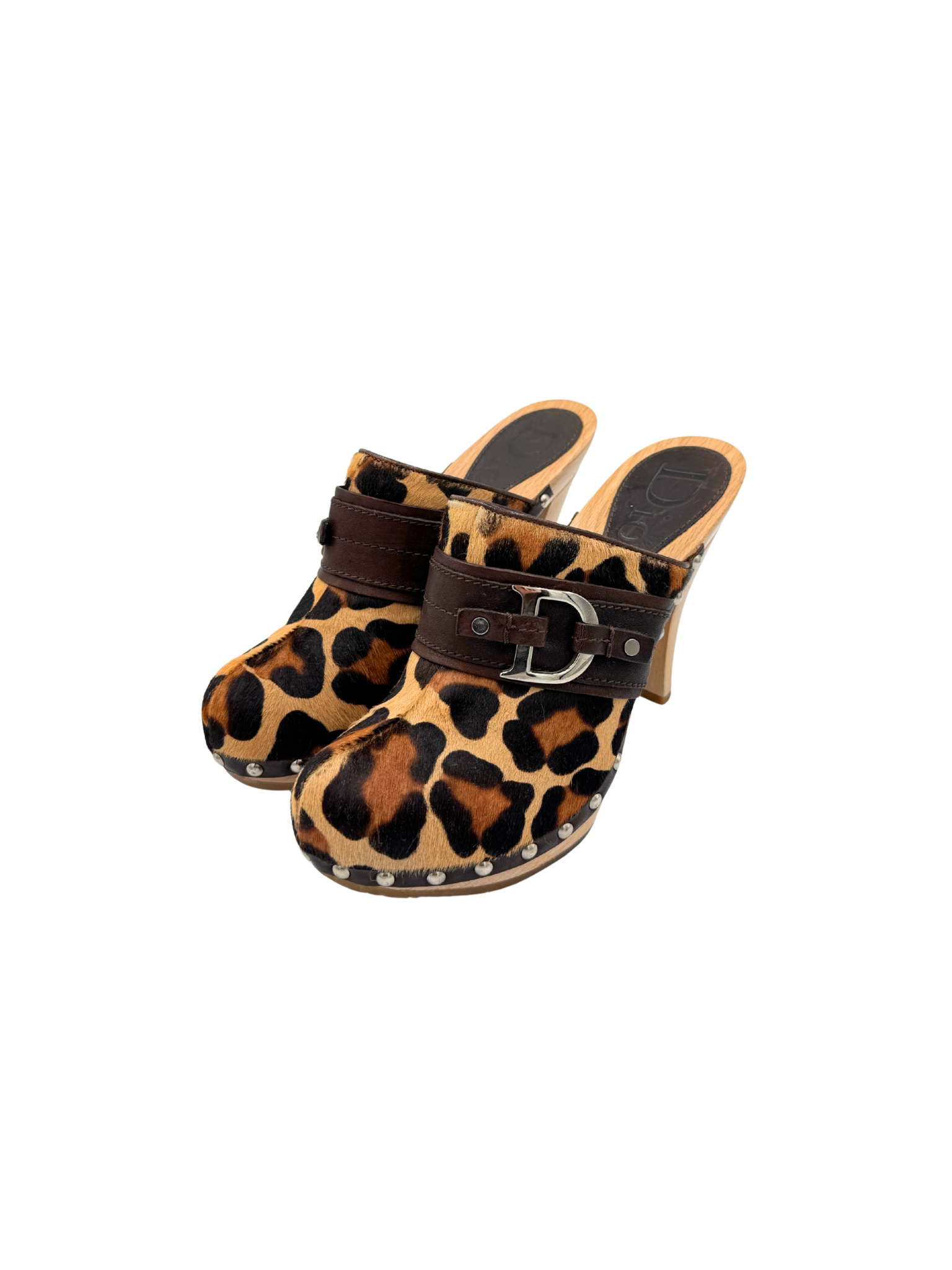 Size 38 Vintage John Galliano Era CD Logo High Heel Clogs in Leopard Print Pony Hair