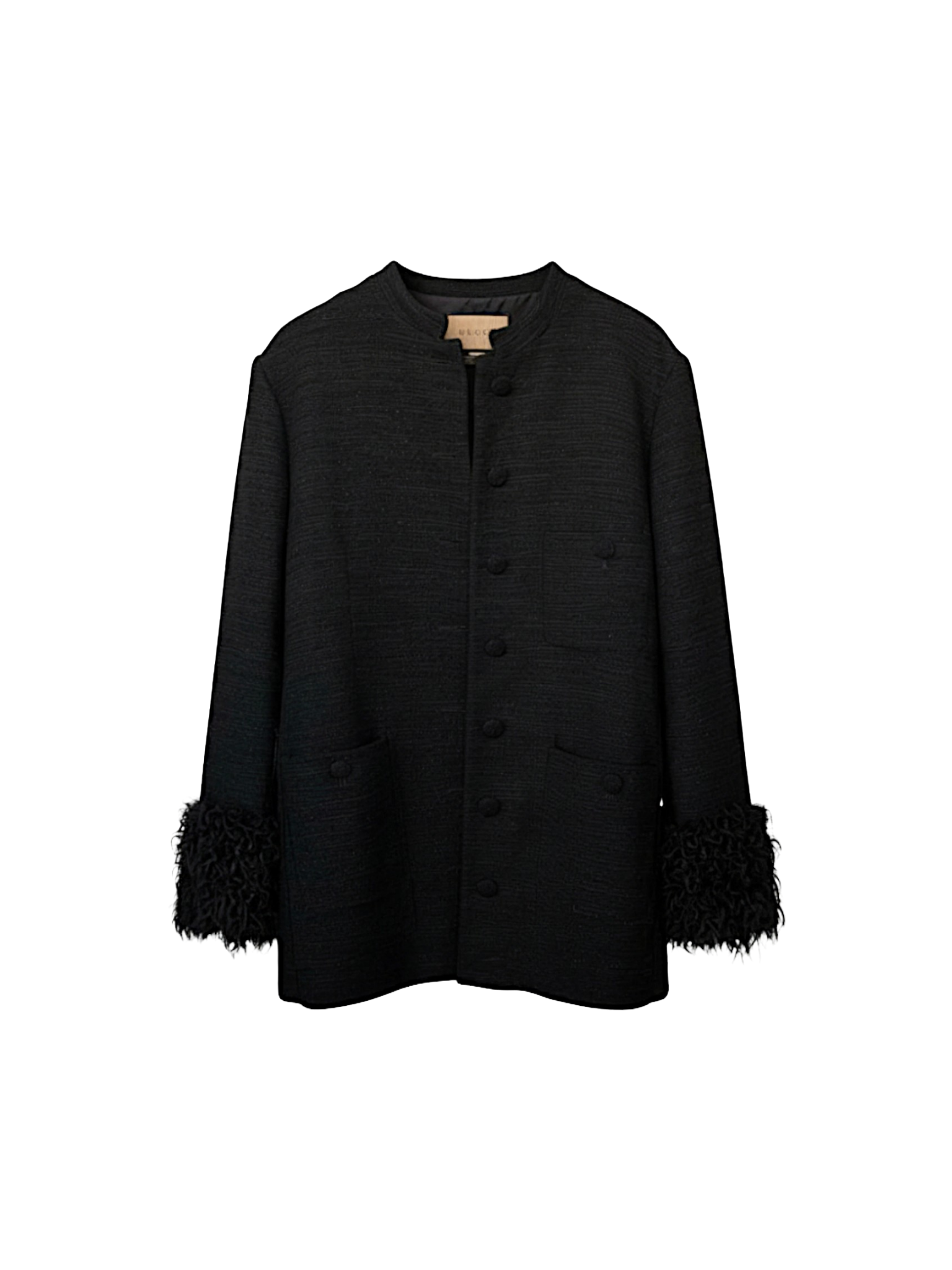 Size IT 48 Blazer Jacket with Lambswool Cuffs in Black Bouclé Tweed with Metallic Accents