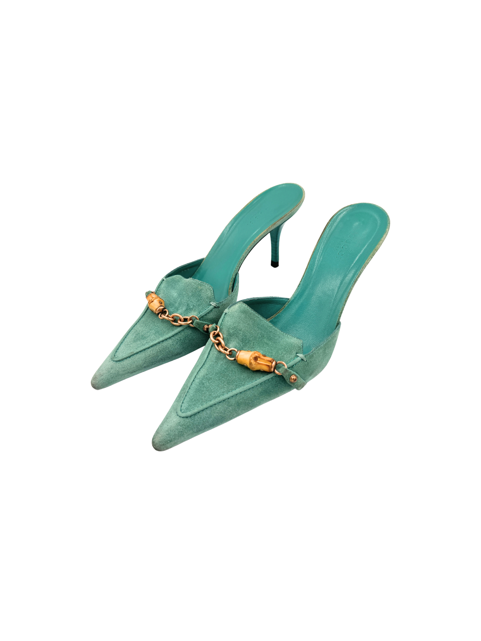Size 7.5 Vintage Tom Ford Era Bamboo Pointed Toe Slip-On Mules in Turquoise Suede