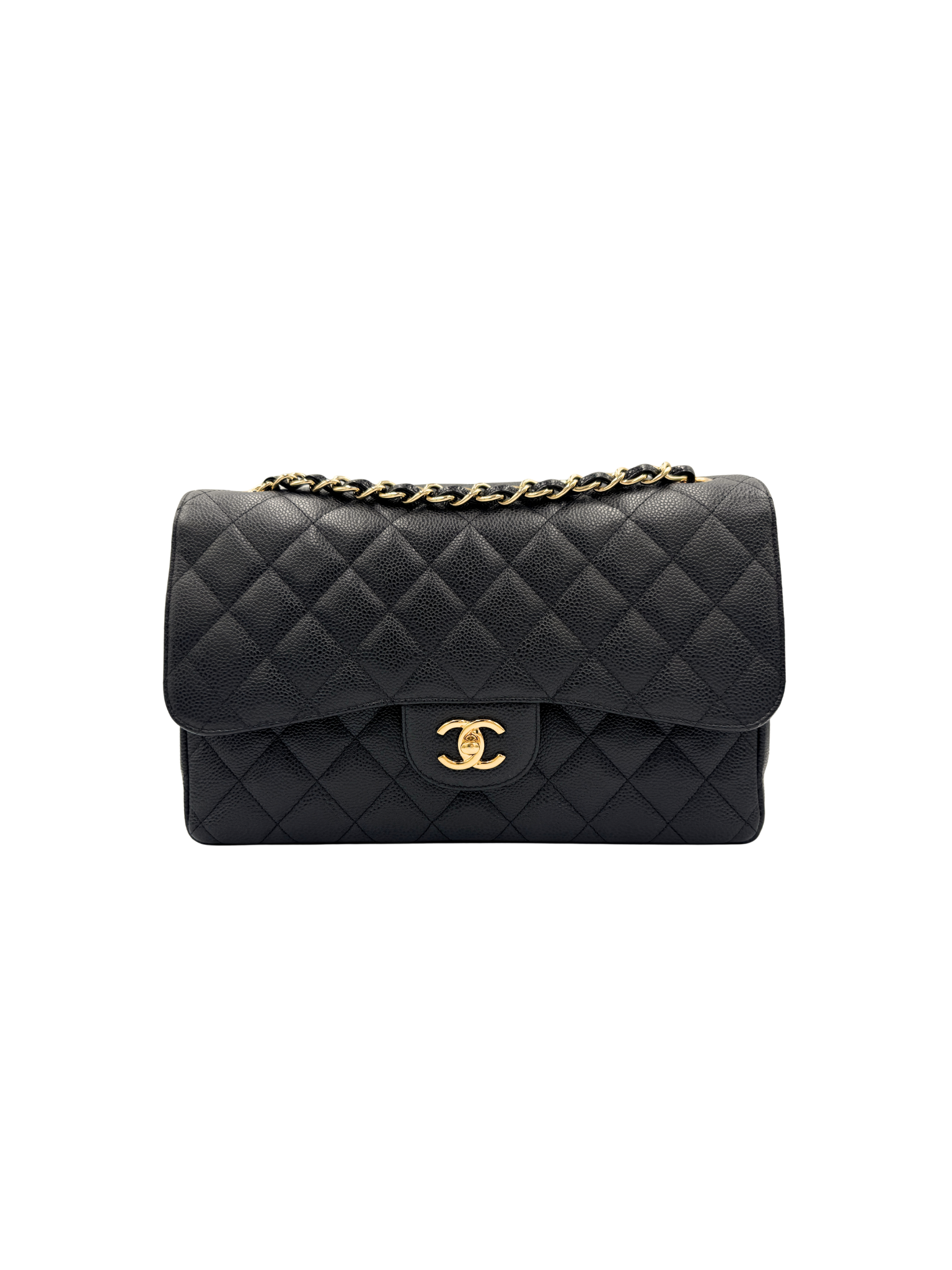 Quilted Jumbo Classic Double Flap Shoulder Bag in Black Caviar Leather