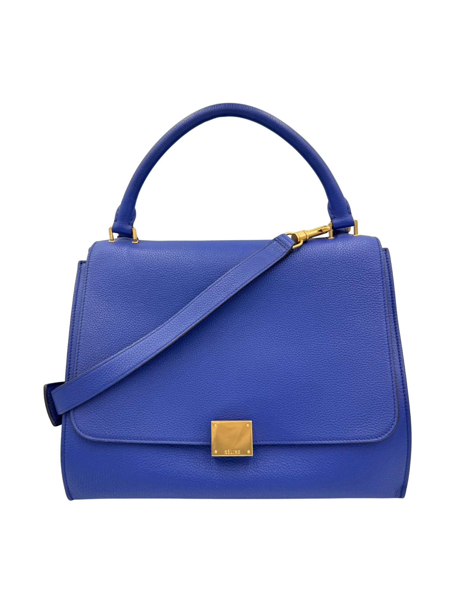 Medium Trapeze Shoulder Bag with Top Handle in Blue Calfskin Leather & Suede